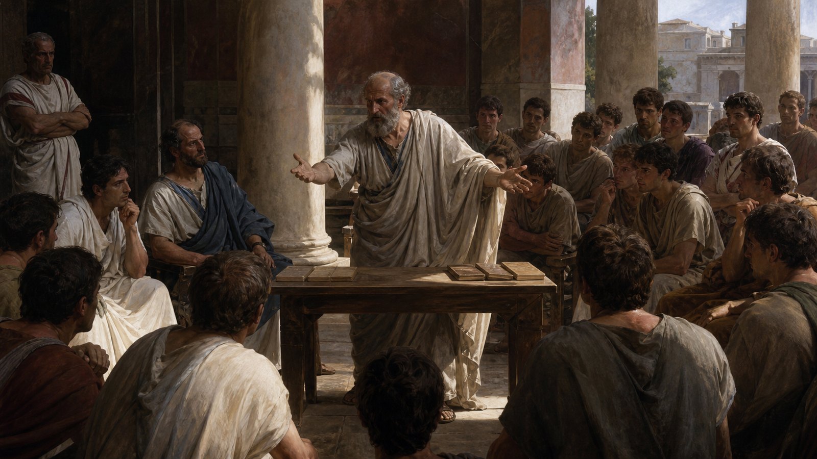A wide cinematic scene in Republican Rome in 155 BC: an elderly Greek philosopher addresses a mixed crowd of young Romans in a shaded public portico, one hand arranging two plain wax tablets on opposite sides of a small table to suggest arguments for and against, fellow ambassadors listening nearby, Cato the Elder represented only as a stern anonymous older senator at the crowd’s edge, historically plausible clothing and architecture, realistic oil-painting style, no readable text, no inscriptions, no watermark.