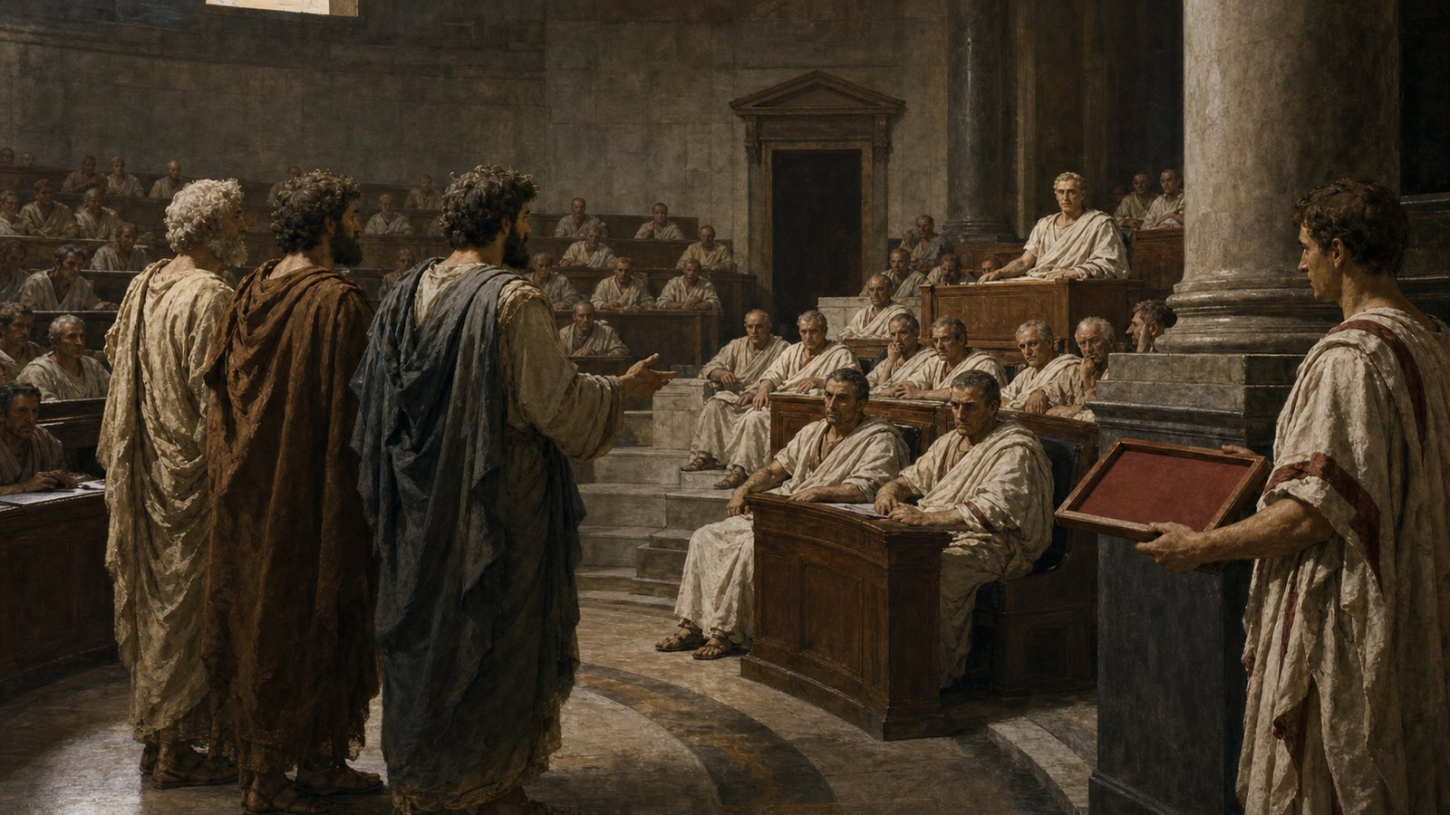 A wide interior of the Roman Senate during the Athenian embassy: three Greek philosophers stand before seated senators while a clerk holds a plain unmarked account tablet representing the five-hundred-talent judgment; the scene emphasizes diplomatic petition and wary attention rather than triumph, Republican-era Curia architecture and clothing, anonymous faces, cinematic realistic oil-painting, no letters, no logos, no watermark, no modern objects.