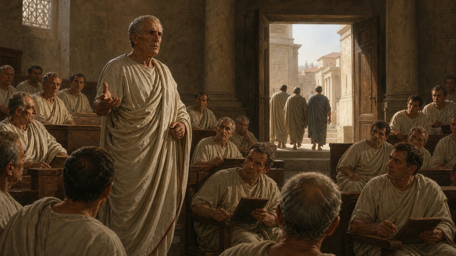 A vertical cinematic historical scene inside the Roman senate after victory over Perses: elderly Marcus Cato stands in plain senatorial dress addressing tense seated senators while a small Rhodian embassy waits beyond the open doors, no battle action, restrained republican architecture, wax tablets and folded robes, no readable text, no inscriptions, no watermark.