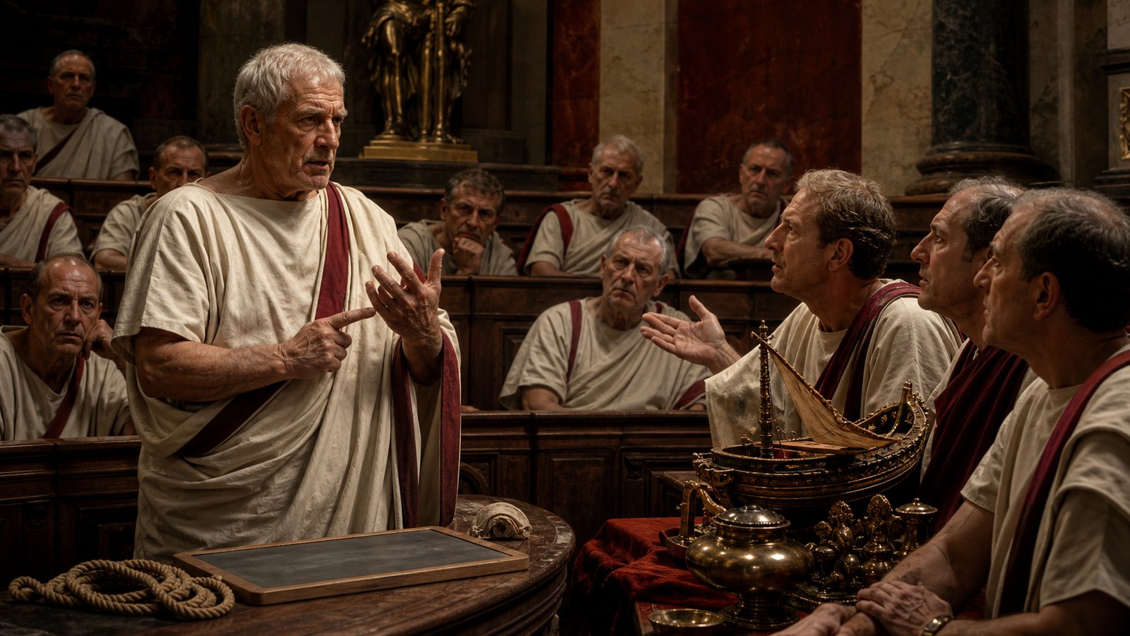 A wide horizontal cinematic scene of Rhodian envoys humbly leaving the Roman senate chamber after their plea, senators turning toward one another for the decisive debate while Cato rises from his bench, afternoon light, historically plausible republican Rome, no readable text, no insignia, no watermark.