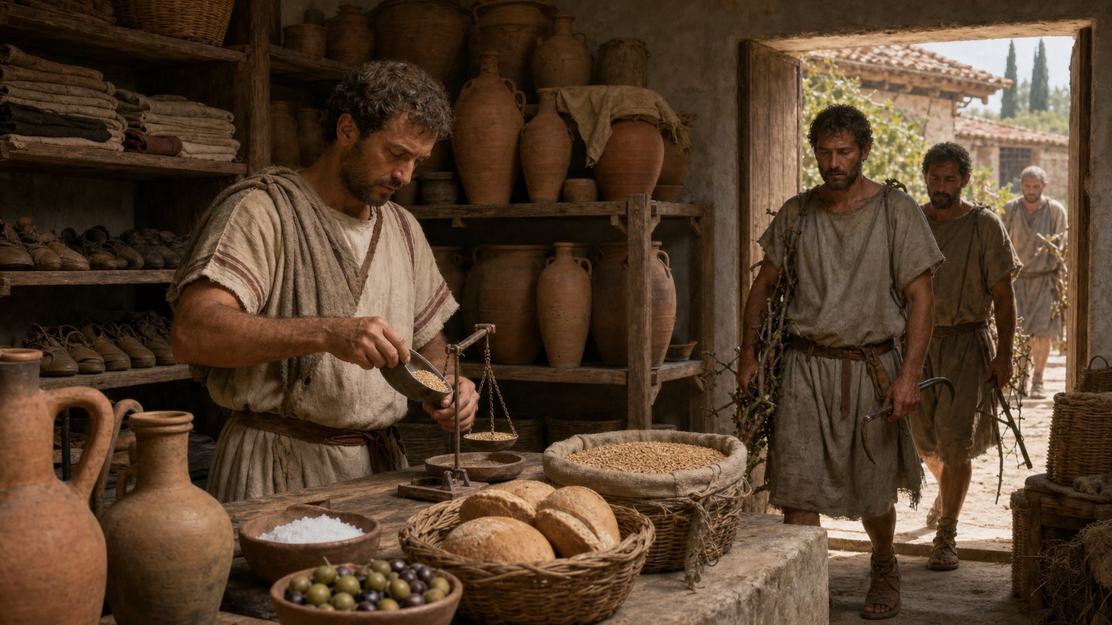 At a Republican Roman farm after the grape harvest, enslaved labourers receive thin after-wine from plain amphorae while an overseer measures portions beside pressed grape skins, with an honest, unsentimental atmosphere and no visible writing.