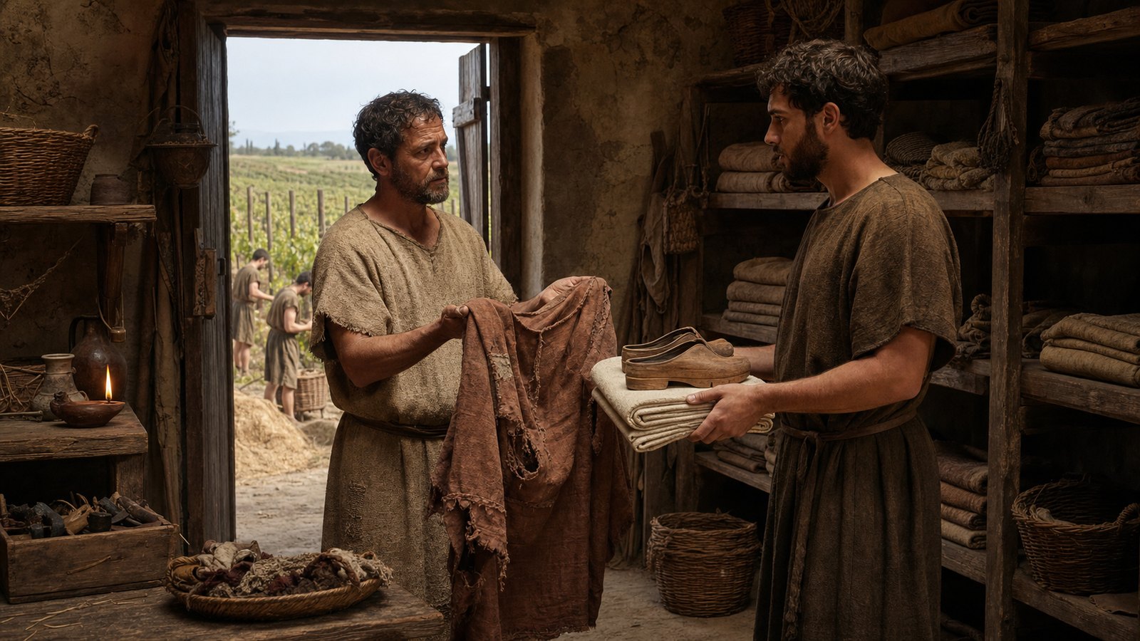 A Roman estate storeroom shows measured wheat, bread, windfall olives, oil, salt, patched tunics and wooden shoes arranged for issue across the agricultural year while workers return from pruning vines in the background.