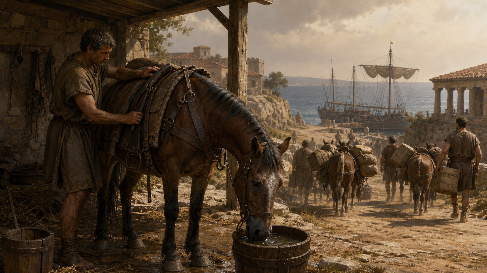 A restrained departure scene at a Roman military harbour in Spain after a consular campaign: Cato the Elder in a plain travel cloak walks toward a modest ship while his tired but dignified campaign horse remains with an adult local groom on the quay, plain tack, transport crates and sea crossing visible, ethical ambiguity rather than triumph, cinematic realistic oil-painting, vertical 4:5, no text, standards, crests, modern objects, or watermark.
