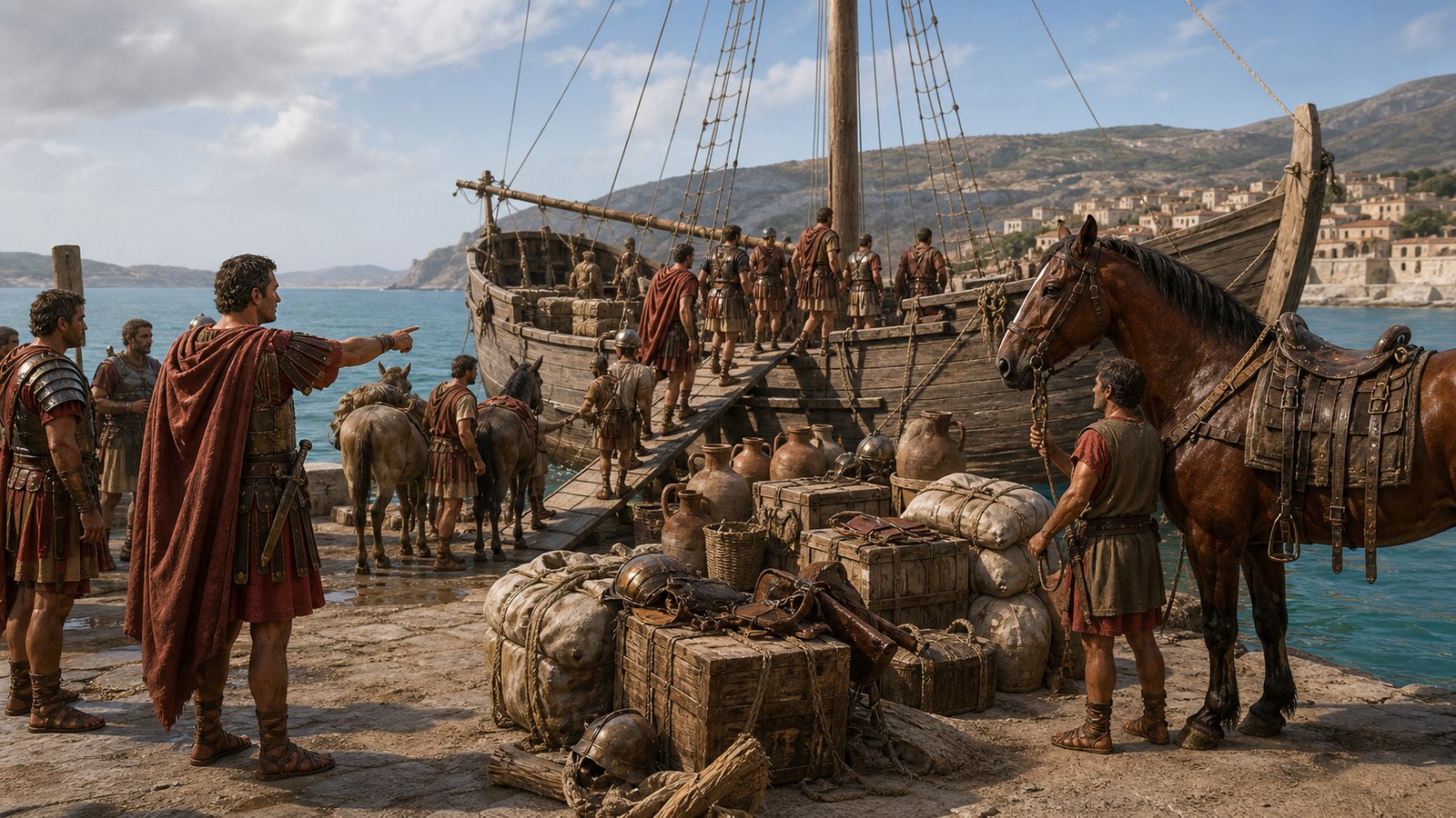A wide quiet stable-yard scene in Roman Spain: an older campaign horse with worn plain tack receives water and grooming while a departing commander’s small baggage party moves toward ships in the distance, emphasizing service, public expense and uncertain obligation, historically plausible Roman military logistics, cinematic realistic oil-painting, horizontal 16:9, no text, inscriptions, banners, modern hardware, watermark, or animal anatomy errors.