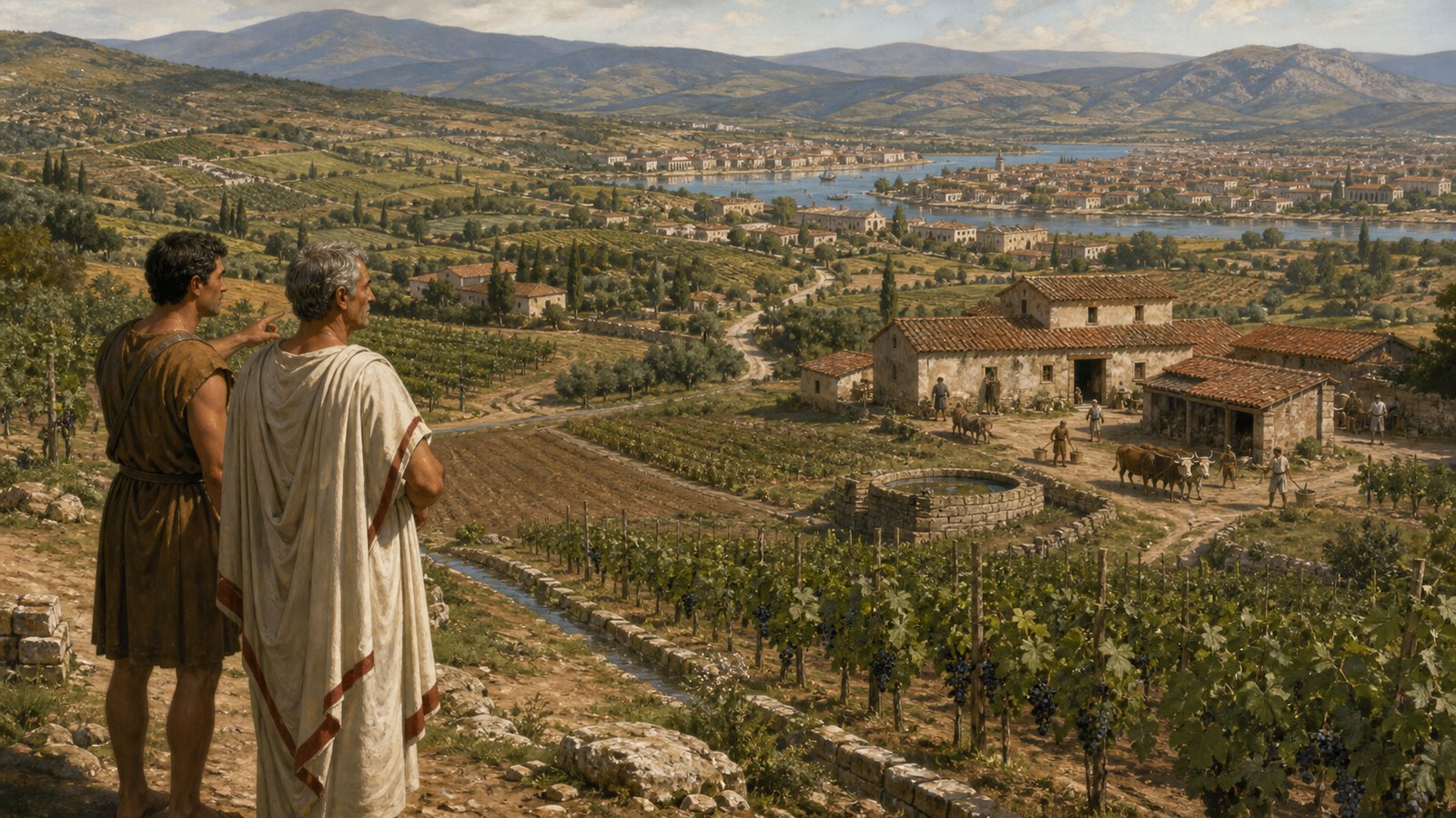 A Roman buyer returns to the same south-facing farmstead, comparing soil, water, buildings and the surrounding properties rather than trusting one visit.