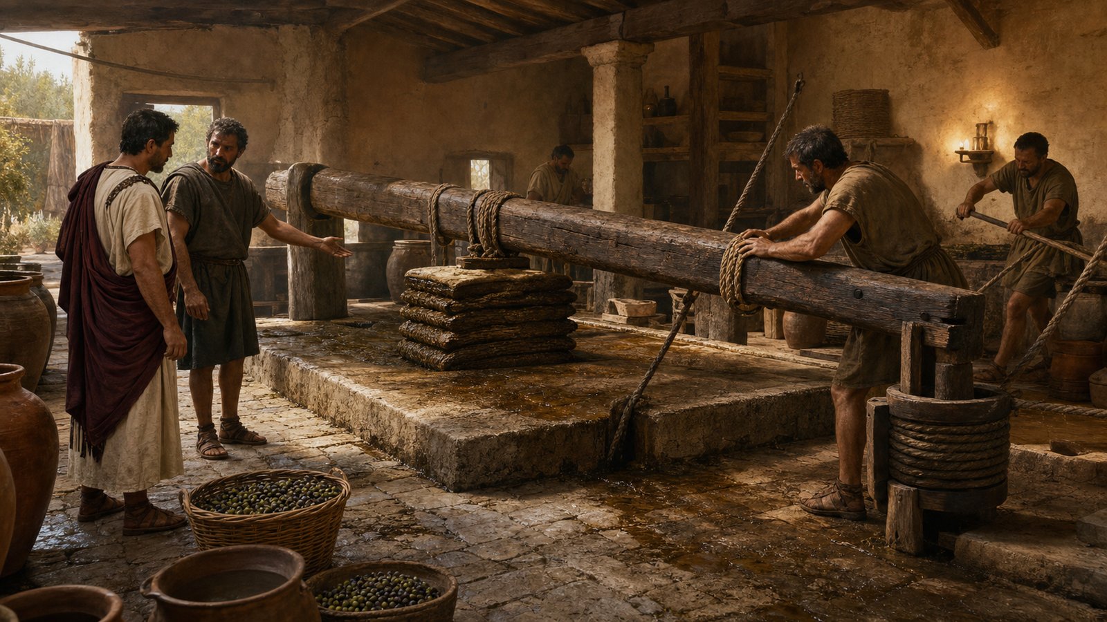 Inside the steading, the buyer counts wine vats and oil presses to test whether the equipment supports the estate’s claimed yield.