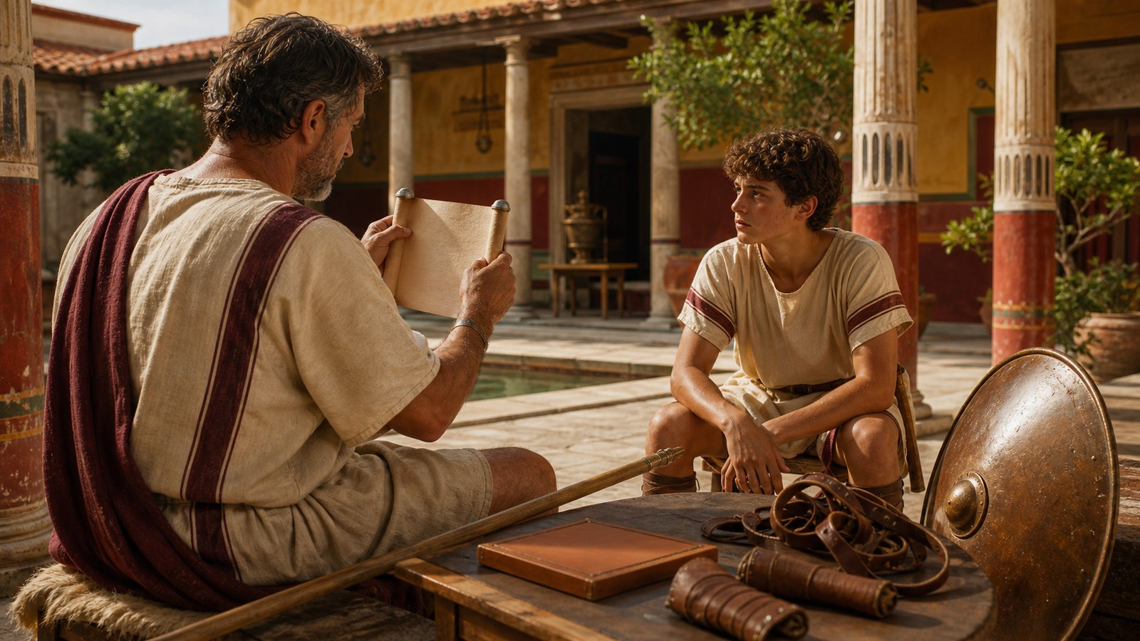 A focused ancient Roman household lesson: Cato the Elder as a non-recognizable older father in a plain wool tunic sits beside his adolescent son at a wooden table, guiding him through a broad handmade papyrus roll covered only with large orderly abstract ink strokes that are not readable text; blank wax tablets, reed pen and a simple practice shield nearby show reading, law and physical training joined in one curriculum, cinematic realistic oil-painting, vertical 4:5, no legible letters, inscriptions, modern books, logos, watermark, or malformed hands.