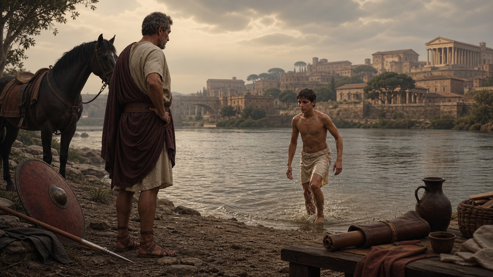 A wide ancient Roman home curriculum in action: an older father alternates between pointing to a large-format handwritten scroll with non-readable ink marks and demonstrating a safe wooden practice javelin to his adolescent son in a courtyard, with a plain wax tablet, boxing wraps and riding tack arranged as practical lesson tools, historically plausible, cinematic realistic oil-painting, horizontal 16:9, no legible text, pseudo-lettering, modern school objects, watermark, or anatomy errors.