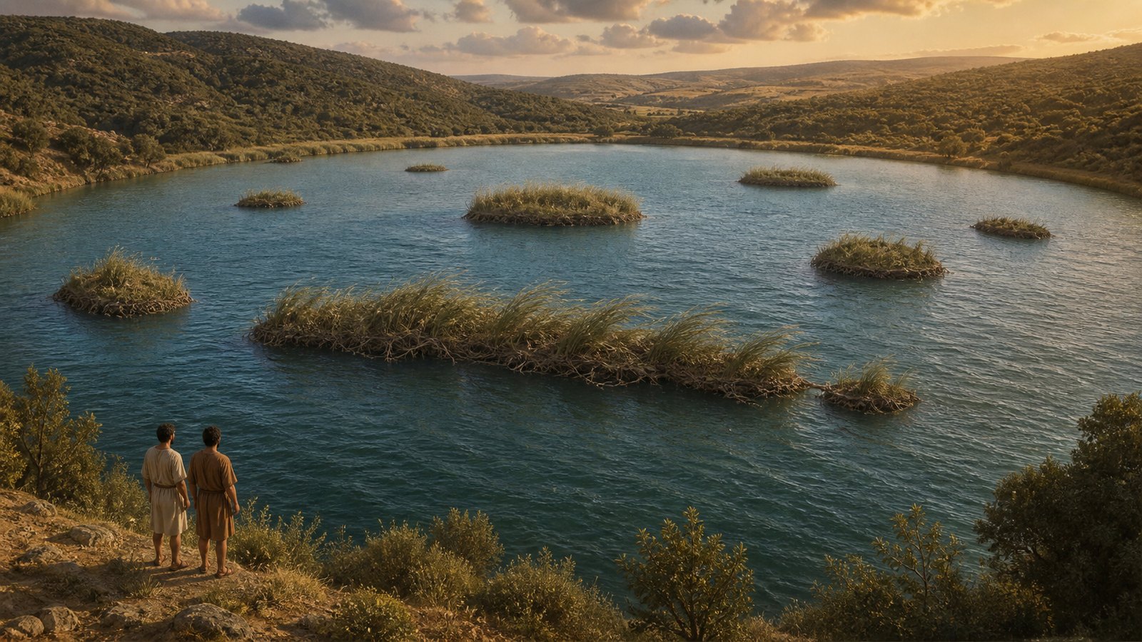 From the shore of sacred Lake Vadimon, an ancient observer watches several low reed-covered islands drift across clear blue-green water, one carrying two startled cattle beneath wind-bent rushes.