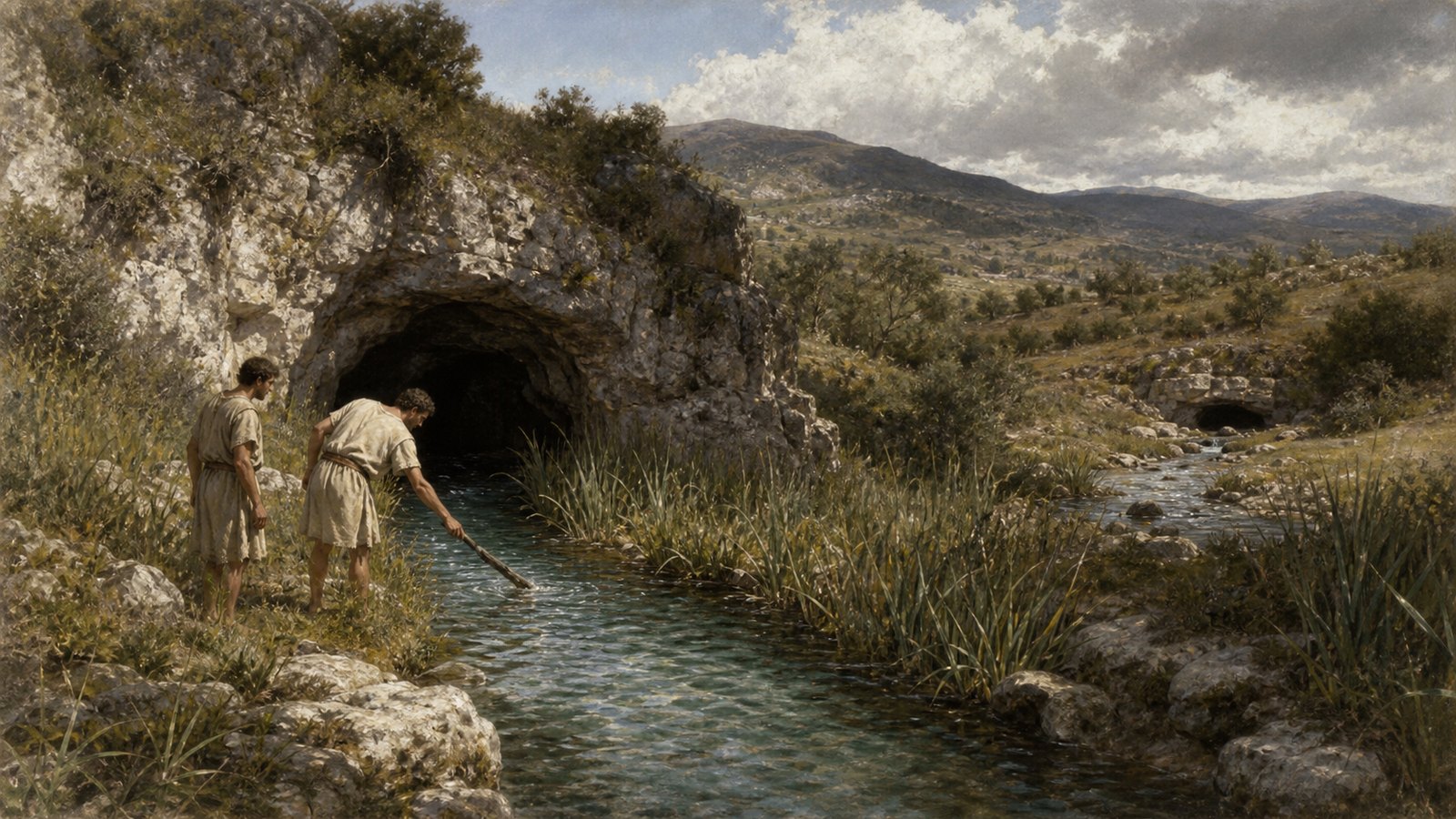 Below Lake Vadimon, a narrow outflow runs briefly in daylight before disappearing into a dark natural limestone cave while ancient visitors test the current from the rocky bank.