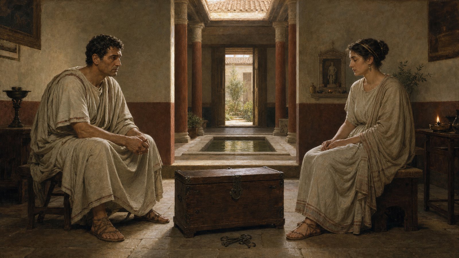 In a restrained Republican Roman household, a husband and wife sit apart after a grave private conversation, a sealed dowry chest and folded marriage garments between them, affection and institutional pressure visible without melodrama or text.