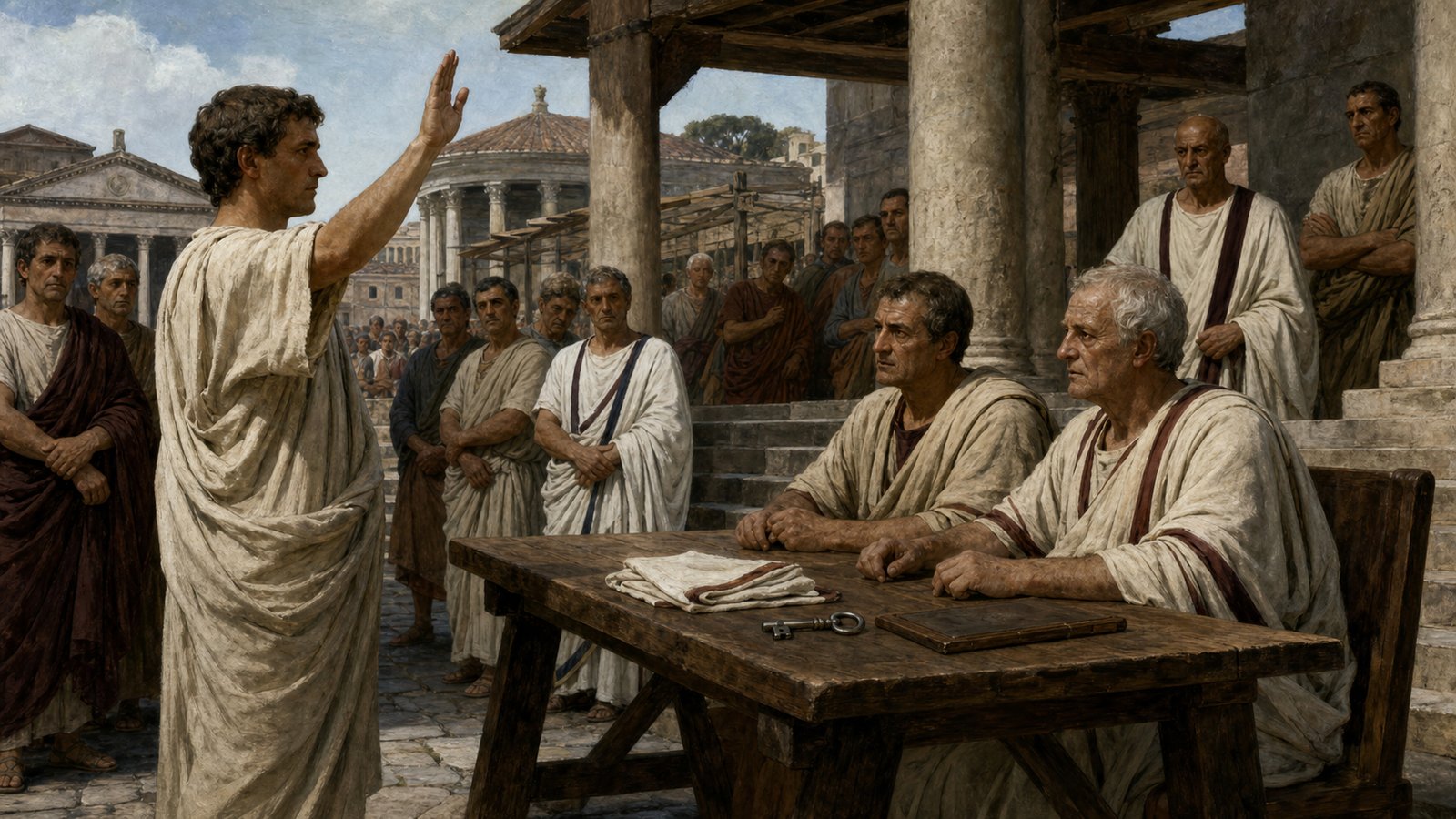 At a censorial registration table in the Forum, a Roman citizen raises his hand for an oath while officials and witnesses observe, the domestic consequence suggested by a wedding ring and household key placed nearby, no readable writing.