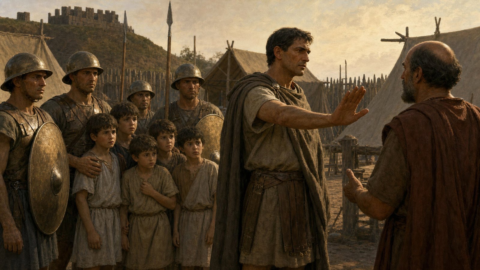 Faliscan children escort their bound former tutor back toward Falerii while Roman soldiers stand aside, a public reversal of his betrayal.