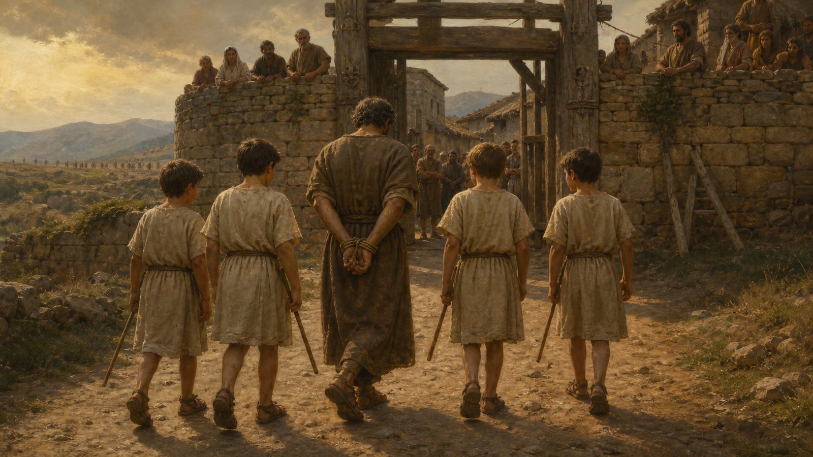 Camillus rejects the tutor’s hostage offer inside a disciplined Roman camp as frightened schoolboys wait together beyond the command tent.