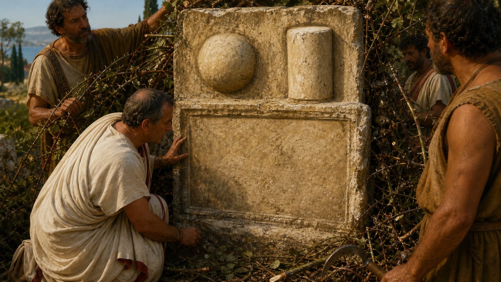 Workers cut a narrow path through thorny growth while Cicero kneels at a weathered pedestal and traces the surviving ends of a damaged inscription.