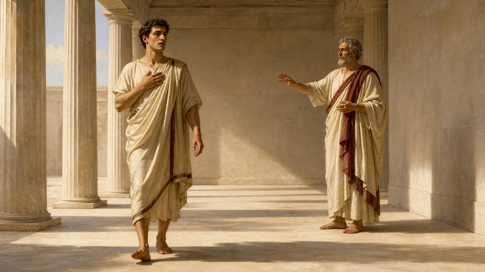 A young Roman advocate practises measured projection in a quiet Greek colonnade while a teacher listens for breath, pitch, and control.