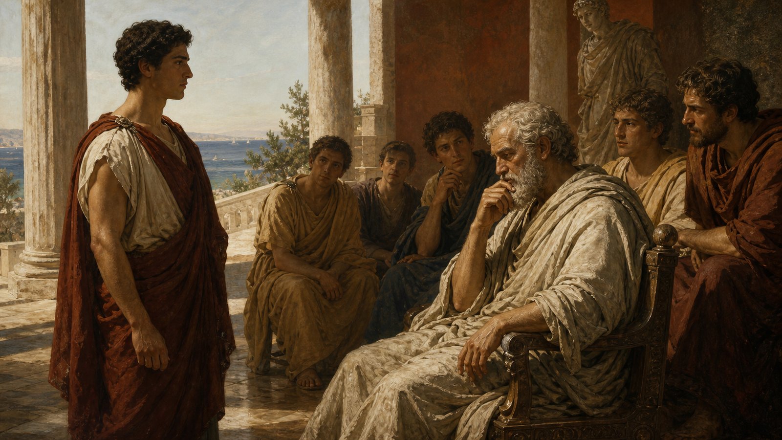 At Rhodes, an oratory teacher sits in long concentration after a Roman student completes a forceful Greek declamation before a small circle.