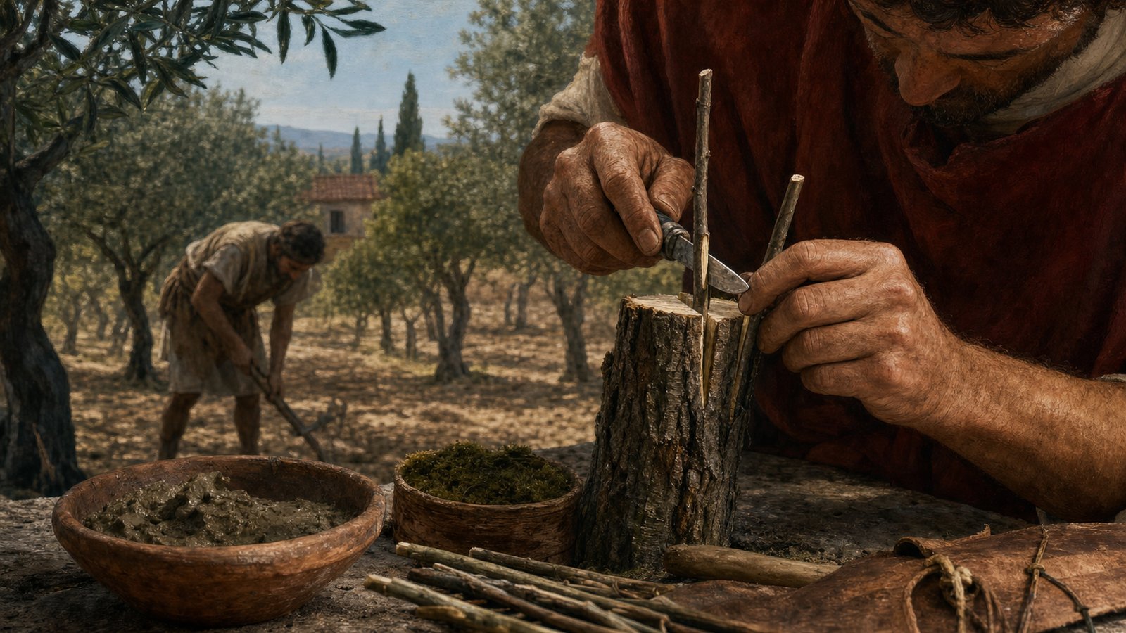 A Roman orchard keeper aligns two pared scions inside a cleft stock before clay, moss and fiber bindings protect the union.