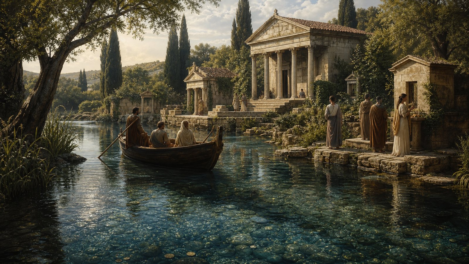 A vertical cinematic reconstruction of the spring at Clitumnus in Roman Umbria: crystal-clear water emerging beneath a dark cypress-covered hill, a small stone bridge marking the transition from a quiet boat-only sanctuary zone to a lower public bathing reach, a toga-clad traveler standing at the bridge and observing rather than posing, ash and poplar reflections, ancient shrine roofs among trees, historically plausible first-century setting, realistic oil-painting style, no text, no inscriptions, no watermark.