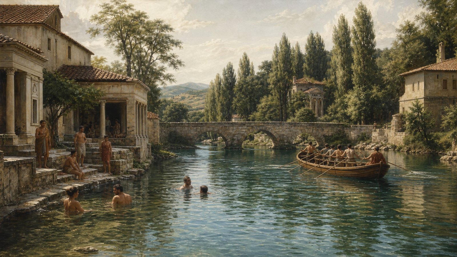 A wide cinematic view upstream of the Clitumnus bridge: a small Roman-era boat glides over transparent cold water where pebbles and votive coins are visible, ancient cypresses and several modest shrine buildings around a larger temple, restrained worshippers near the bank, no swimmers in the sacred reach, realistic oil-painting, historically plausible Umbria, no readable text, no symbols, no watermark.