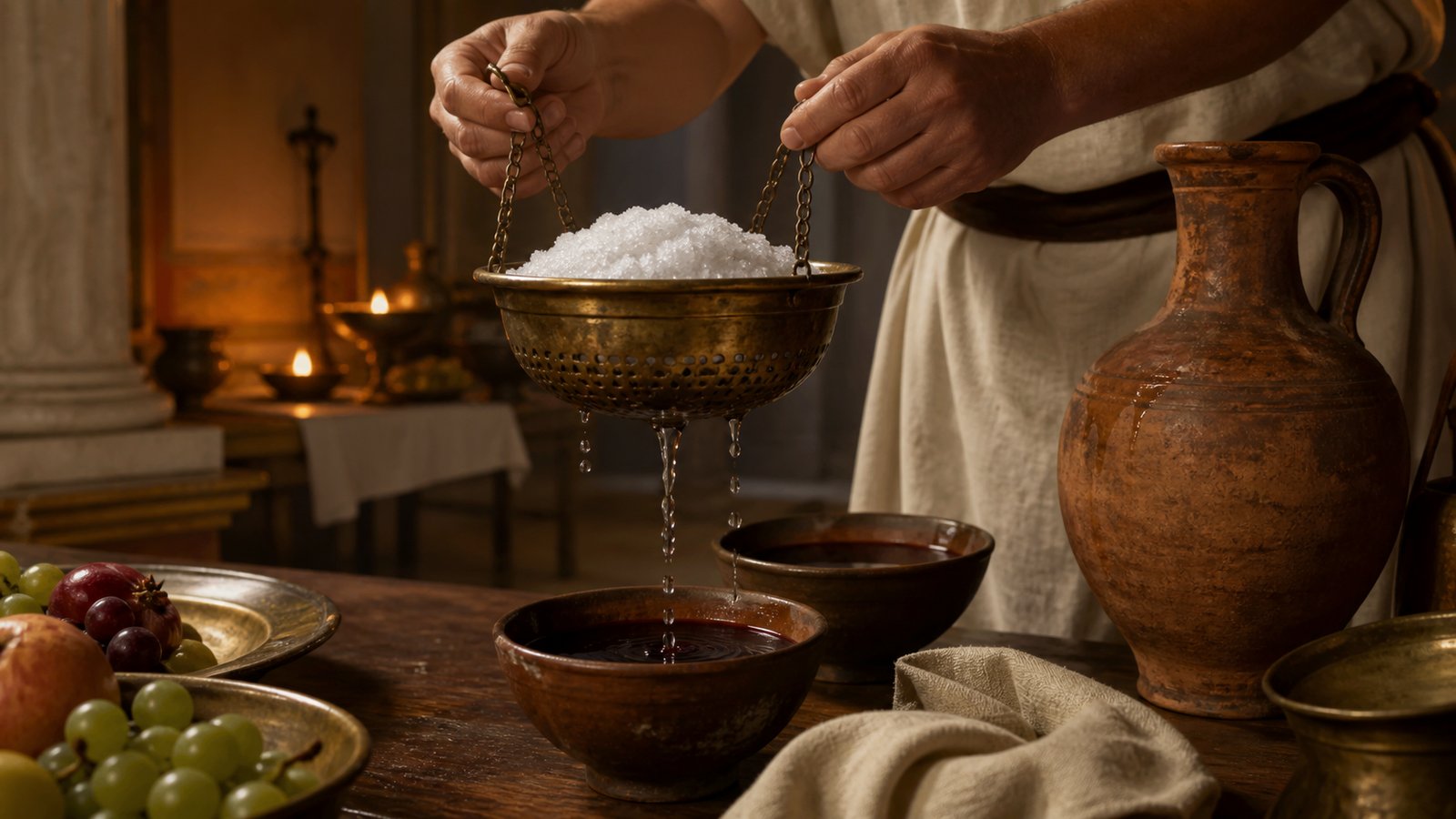 A dedicated strainer held snow above the cup, turning cold into a visible piece of Roman table service.