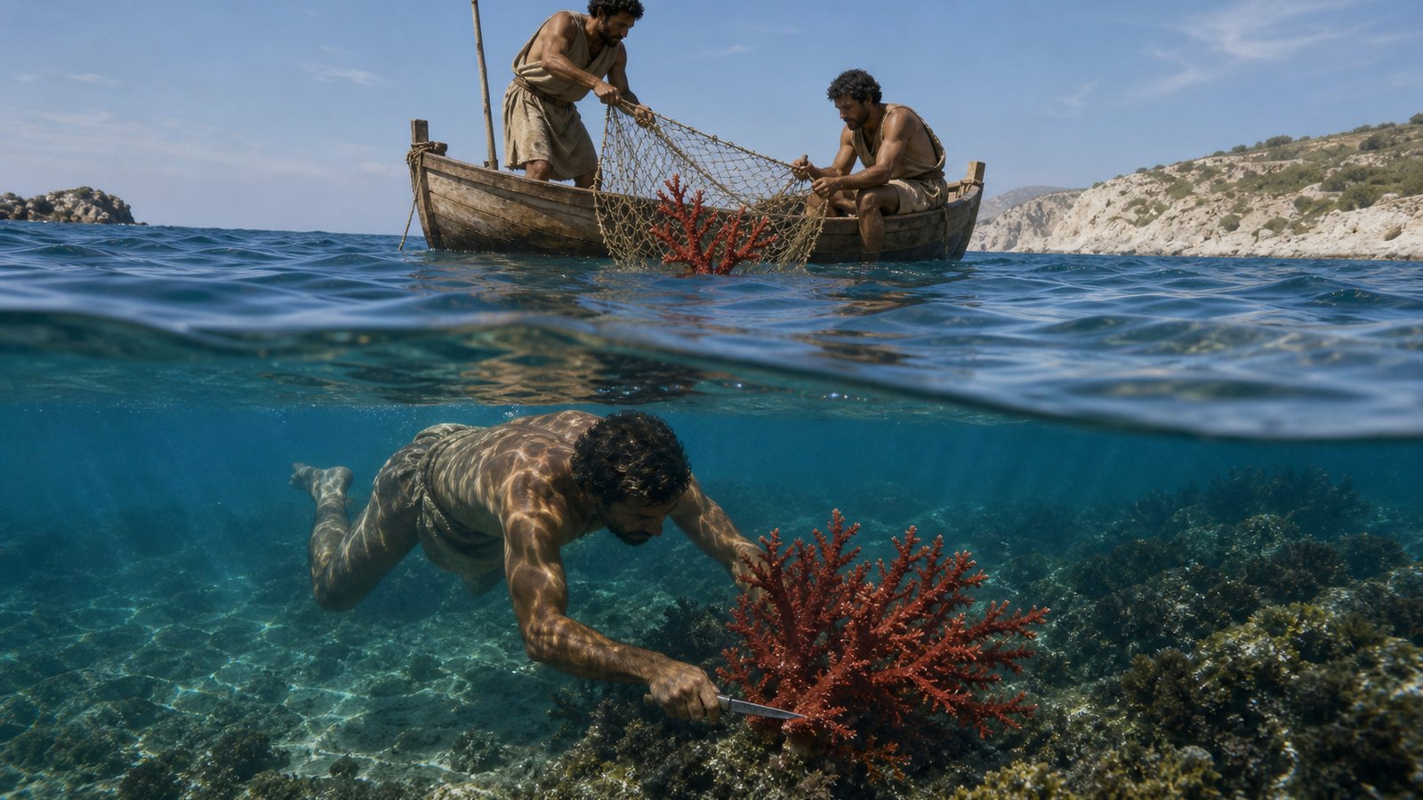 In clear shallow Mediterranean water, ancient harvesters in a small wooden boat lift branching coral with a plain rope net while a diver cuts another branch with a simple iron blade, no modern diving equipment.