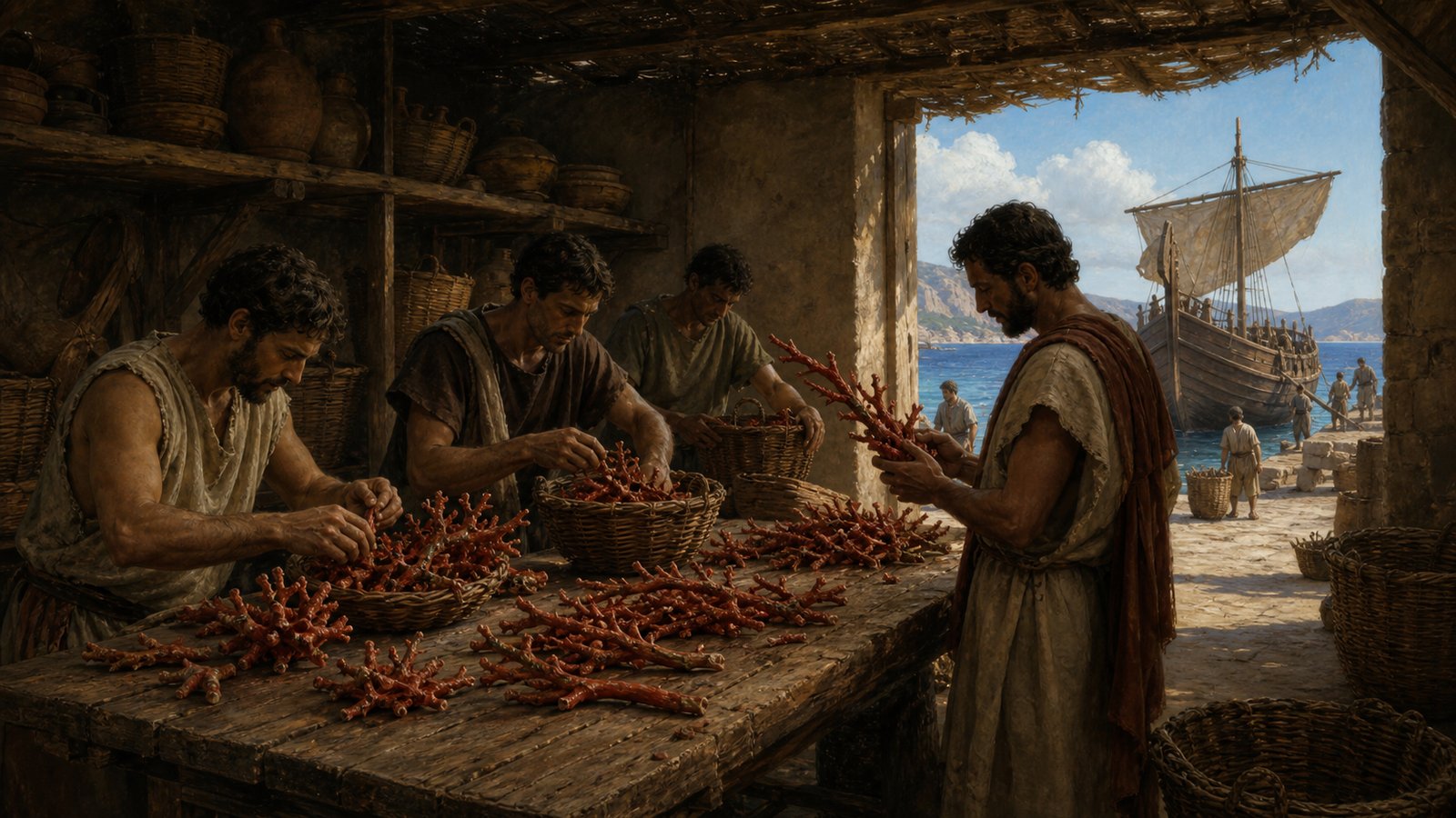 At a Roman Mediterranean trading table, workers sort dense red branching coral beside plain transport baskets, with a merchant preparing the finest pieces for an eastbound sea voyage and no text or coins in view.