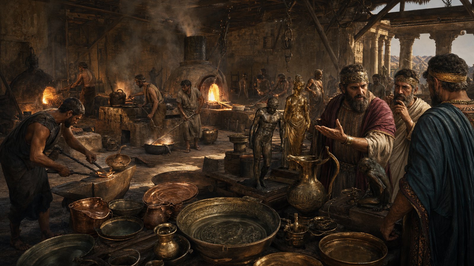 A vertical cinematic Roman collector’s room: a wealthy generic connoisseur examines several bronze vessels under lamplight while an older scholar compares a plain chronological tablet and points toward mismatched older statues, white-silver, warm-gold and dark liver-toned bronzes visibly distinct, no readable writing, no pseudo-text, no watermark.