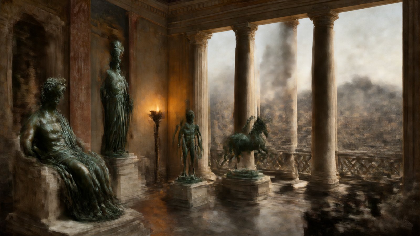 A wide cinematic ancient metal workshop and collection: crucibles for copper, small amounts of gold and silver, finished dishes, lamps and basins in three subtly different bronze colours, craftspeople working while elite buyers argue over older statues, historically plausible furnaces and tools, no text, no inscriptions, no watermark.