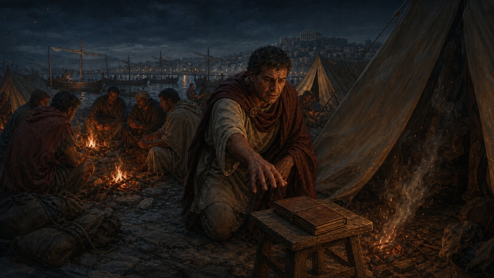 On a late Republican quay in Cyprus, anonymous Roman attendants secure compact wooden treasure coffers with long ropes ending in large plain cork floats before loading them onto merchant vessels; silver, rope knots and practical maritime preparation dominate, with no text, insignia or modern gear.