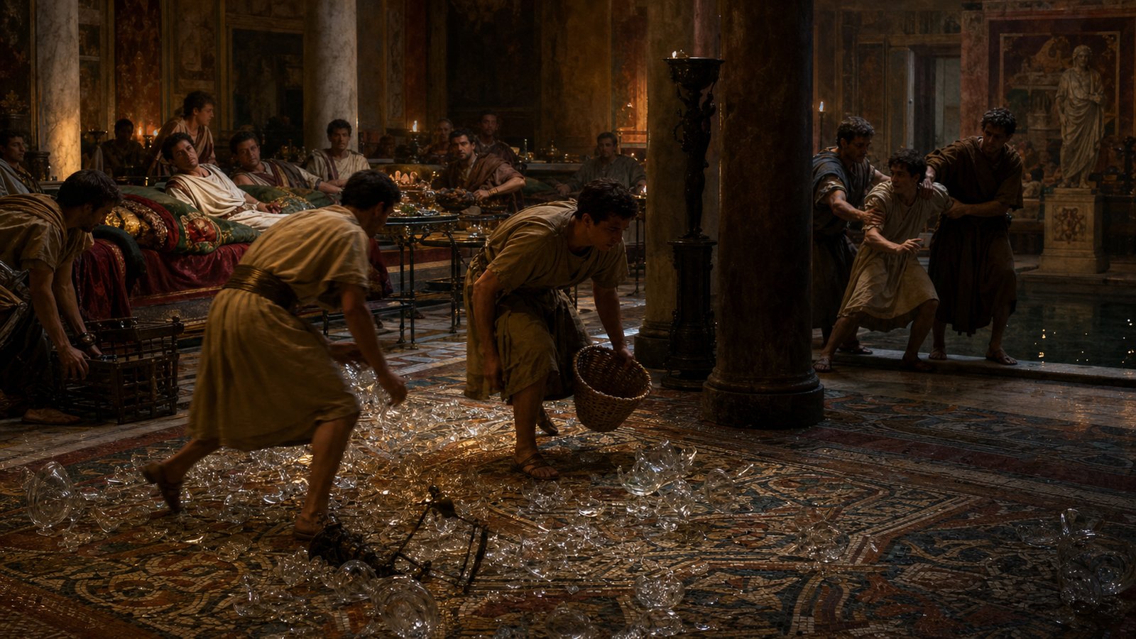 Seneca and Dio say Augustus answered Pollio’s execution order by having the remaining valuable vessels smashed, removing the broken cup as an excuse for punishment.
