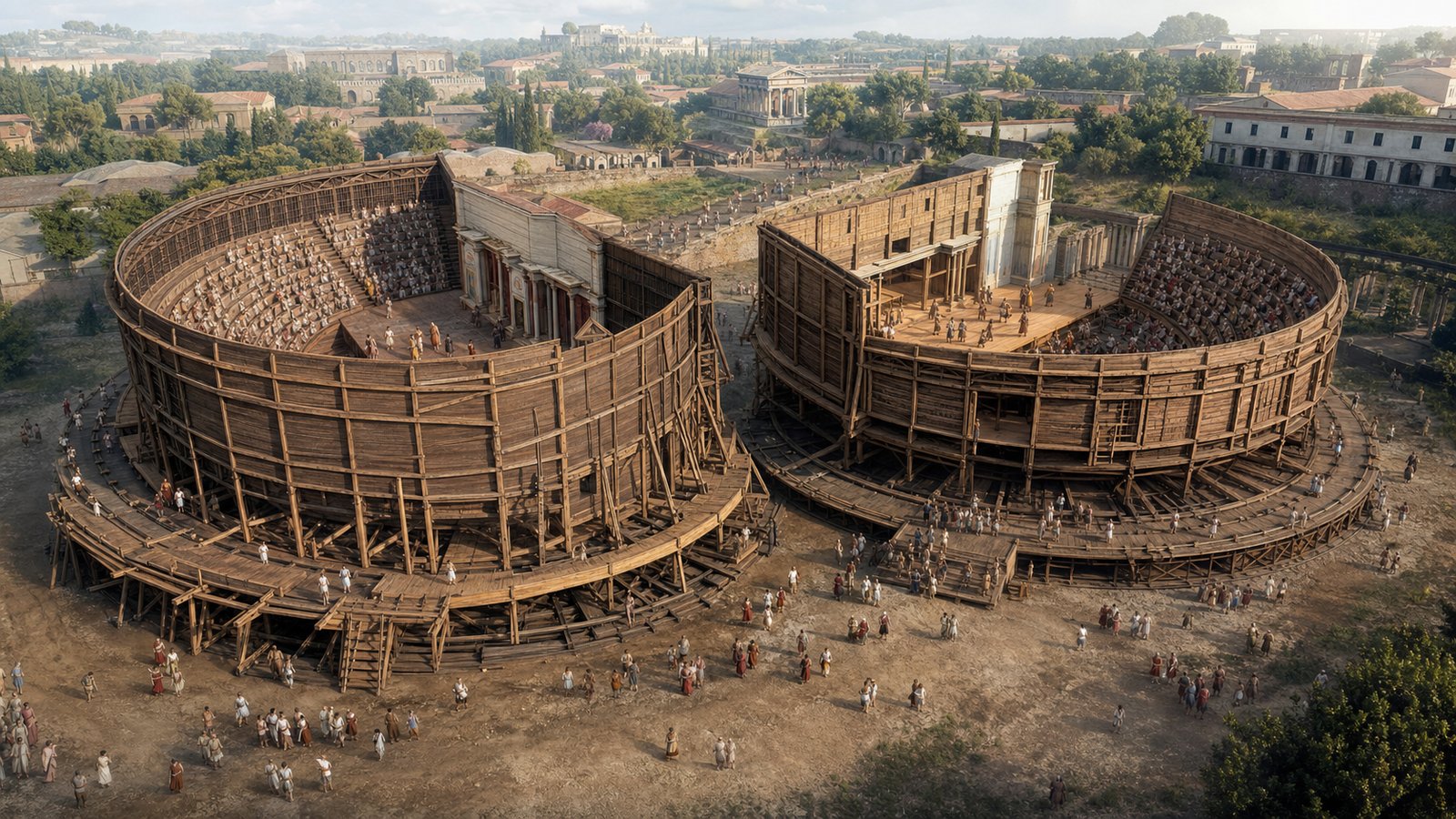 A vertical cinematic view inside republican Rome’s extraordinary temporary venue: a vast semicircular wooden theatre full of generic spectators is visibly beginning to rotate on a colossal central pivot toward a matching theatre, Curio watches from a safe platform, timber engineering and crowd astonishment dominate, no readable text, no insignia, no watermark.