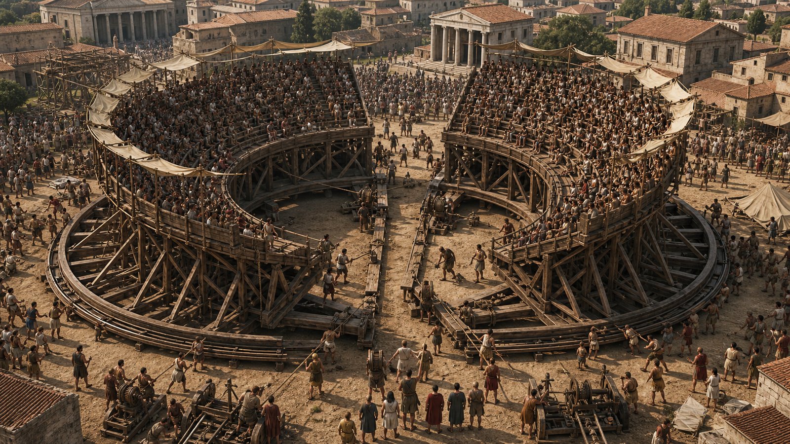 A wide horizontal cinematic aerial-oblique reconstruction of two enormous wooden Roman theatres facing in opposite directions during simultaneous morning plays, separate stages and audiences, timber pivot bases clearly visible beneath each semicircle, historically plausible temporary construction, no text, no watermark.