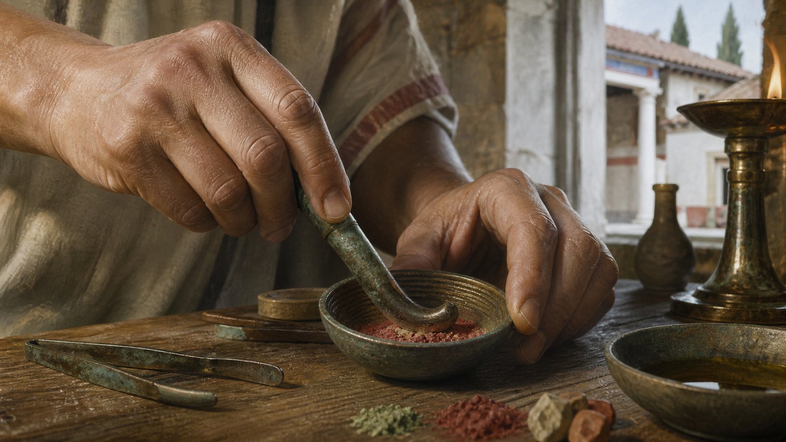 A Romano-British grooming table with a small curved bronze mortar and pestle, mineral colour pellets, tweezers and a polished mirror.