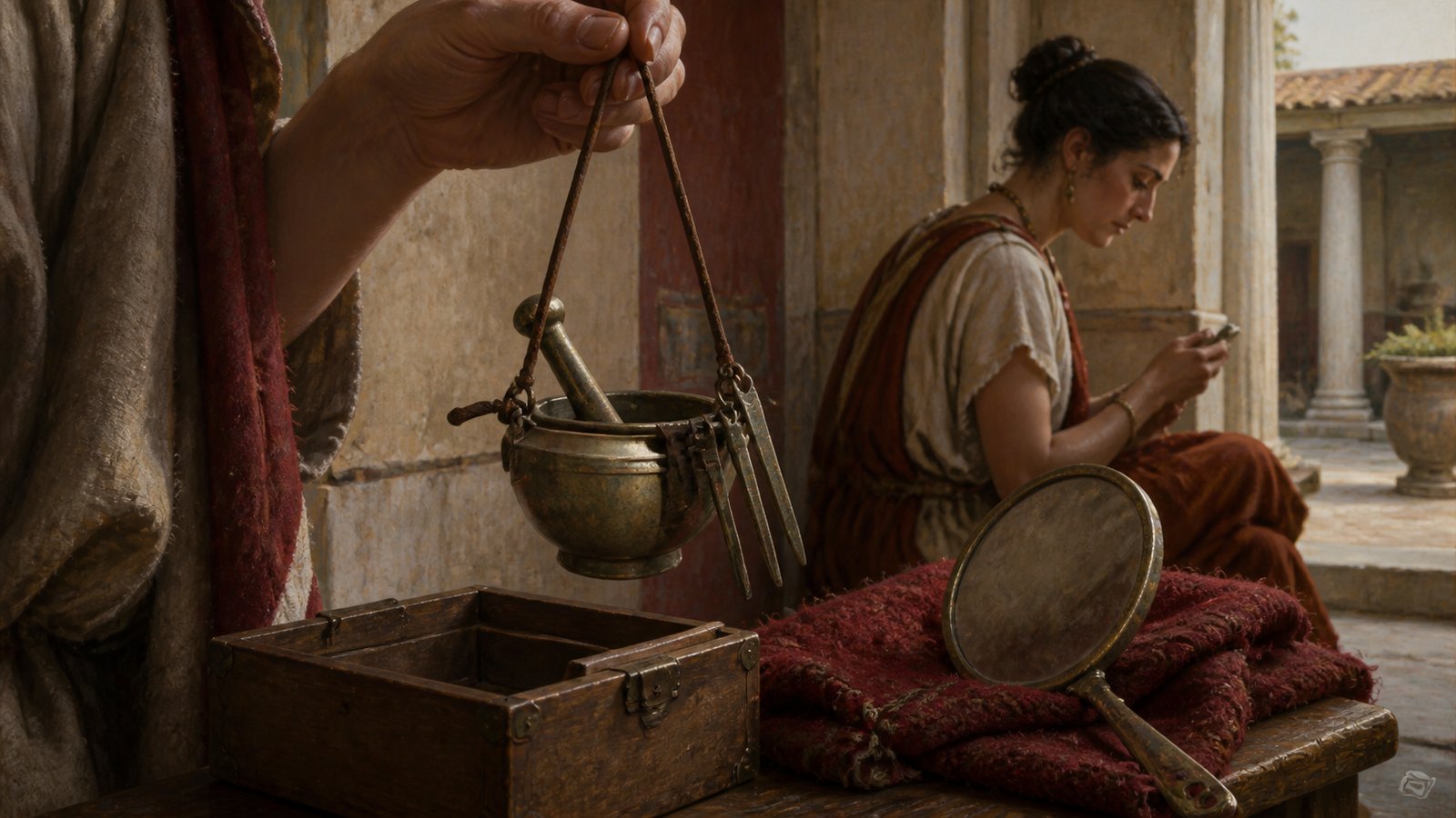 Close hands grind a coloured mineral pellet through the narrow groove of a paired copper-alloy cosmetic set.