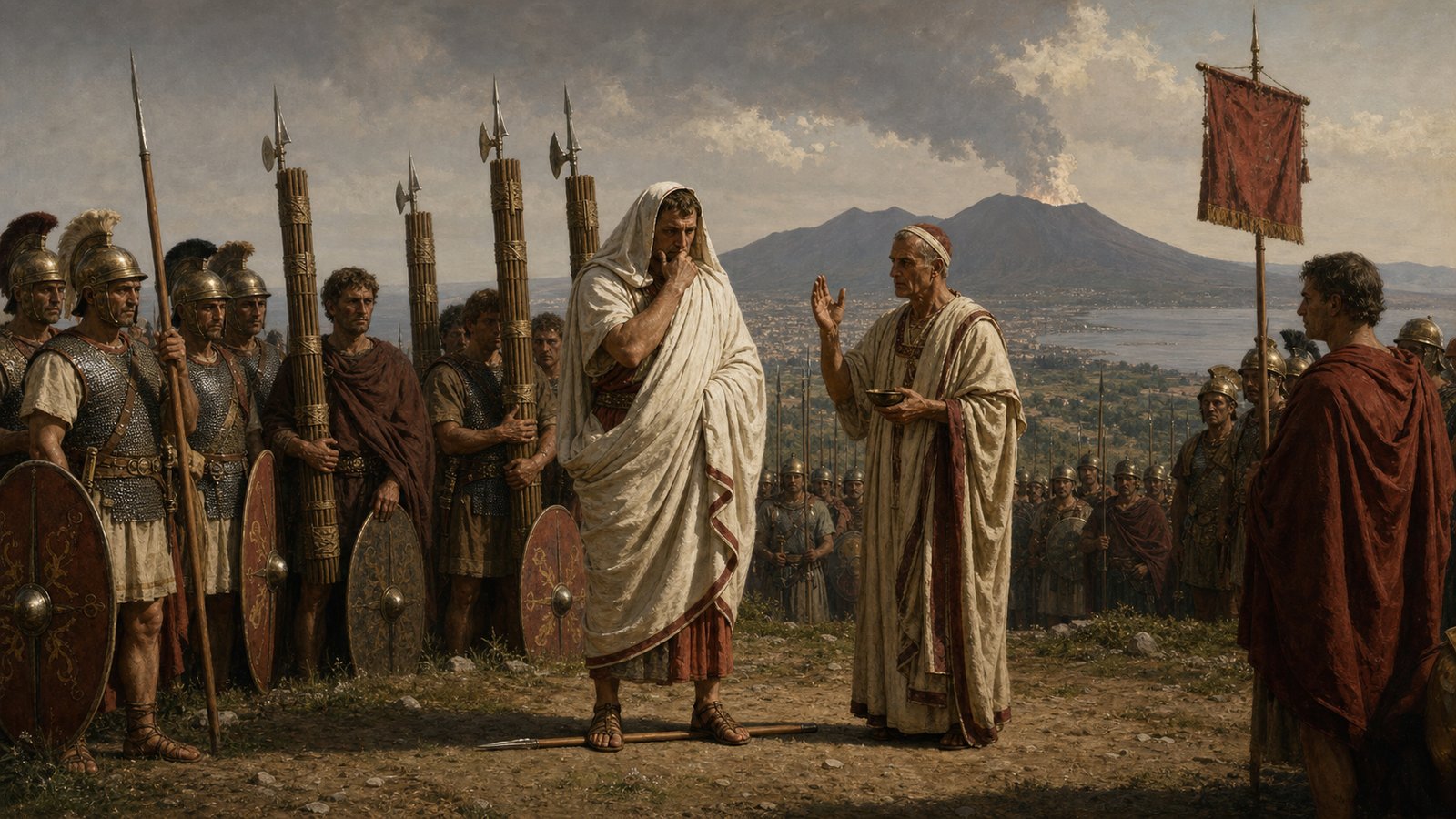 The ritual began before the charge: veiled head, covered hand at the chin and feet placed upon a spear while the pontiff supplied the words.