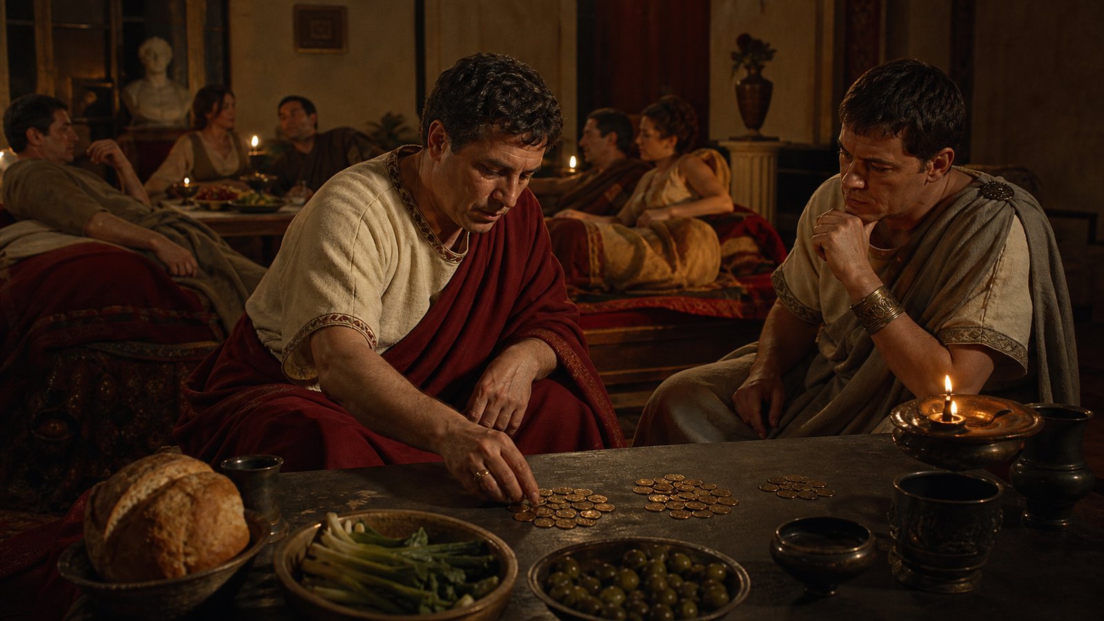 A Republican Roman dining room during the Megalensian games: an elite host counts bronze asses beside a restrained meal of bread, vegetables and native wine while a civic recorder observes; a balance holds plain silver vessels, vivid historical realism, no text, letters, emblems or modern objects.