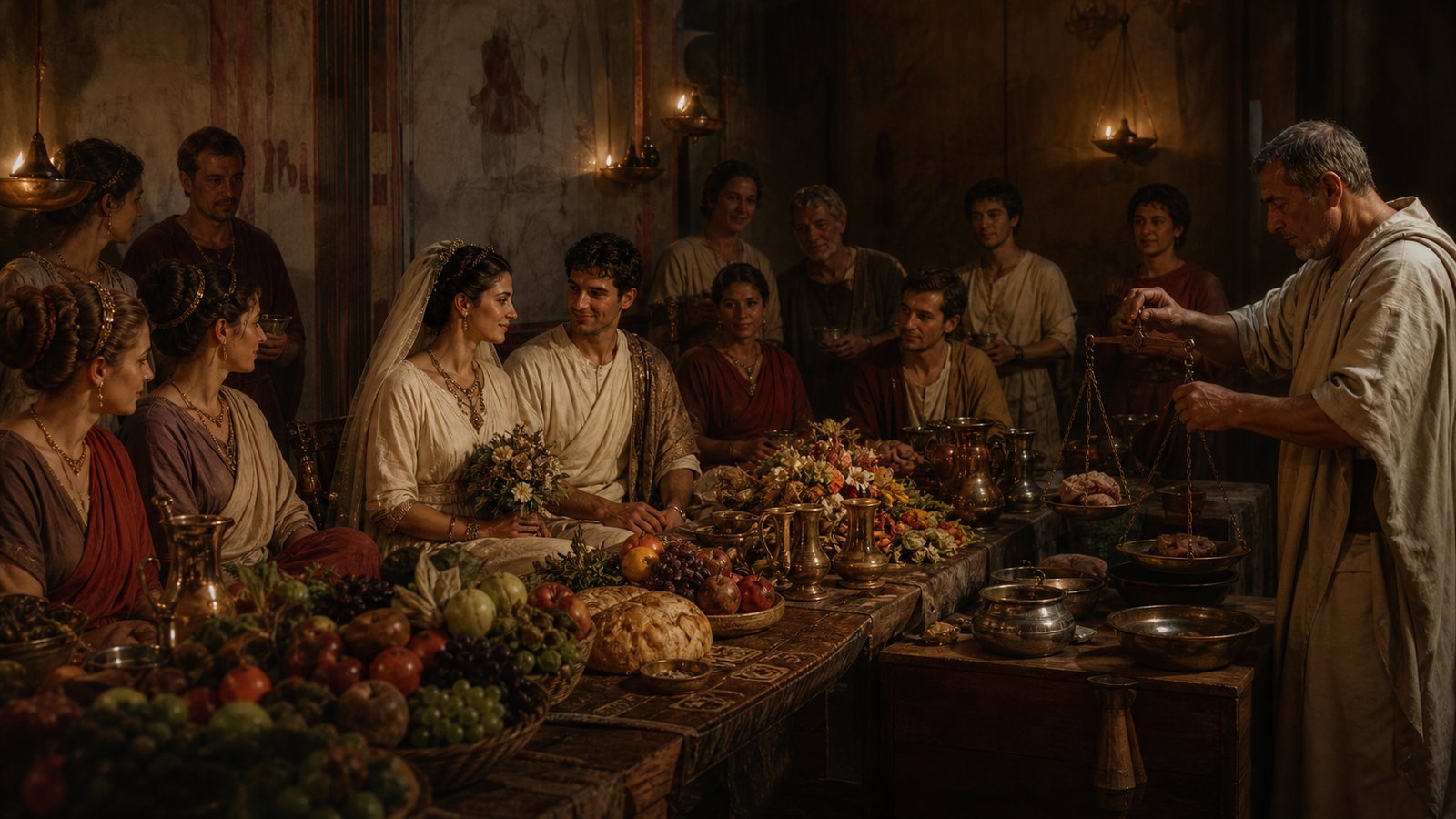 A Roman wedding banquet visually divided between lawful abundance and measured restraint: fruit, bread and garden produce fill the table while weighed salted meat and stacked bronze coins sit near a steward; guests in historically plausible dress, no text, lettering, emblems or modern objects.