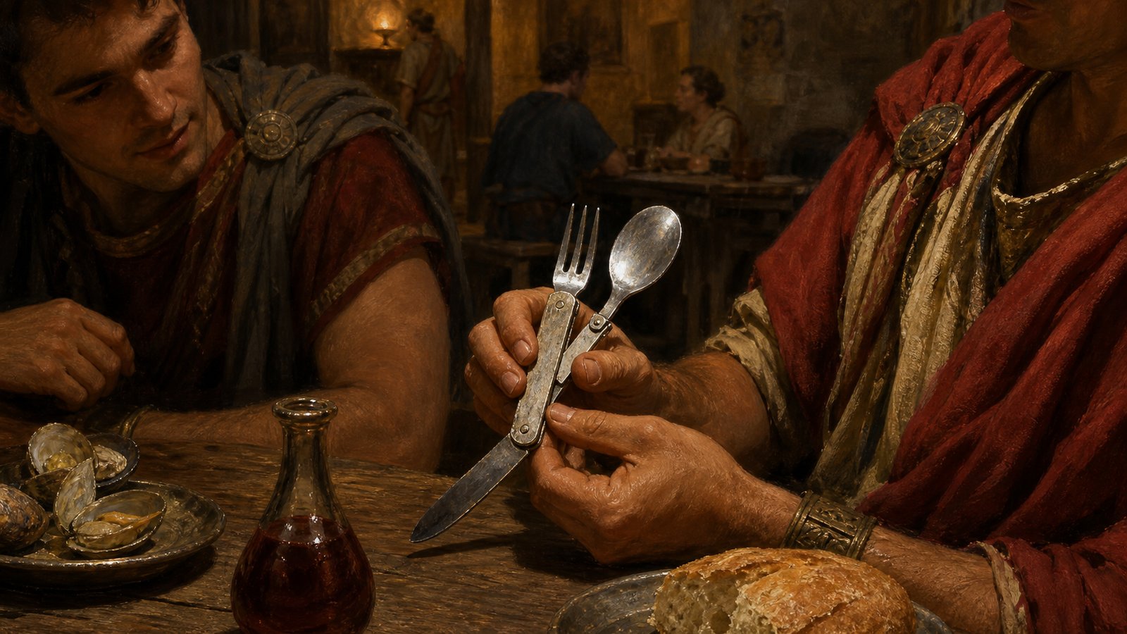 A wealthy Roman traveller opens a compact silver folding utensil at an inn table, revealing spoon, three-pronged fork and narrow implements beside bread and shellfish.