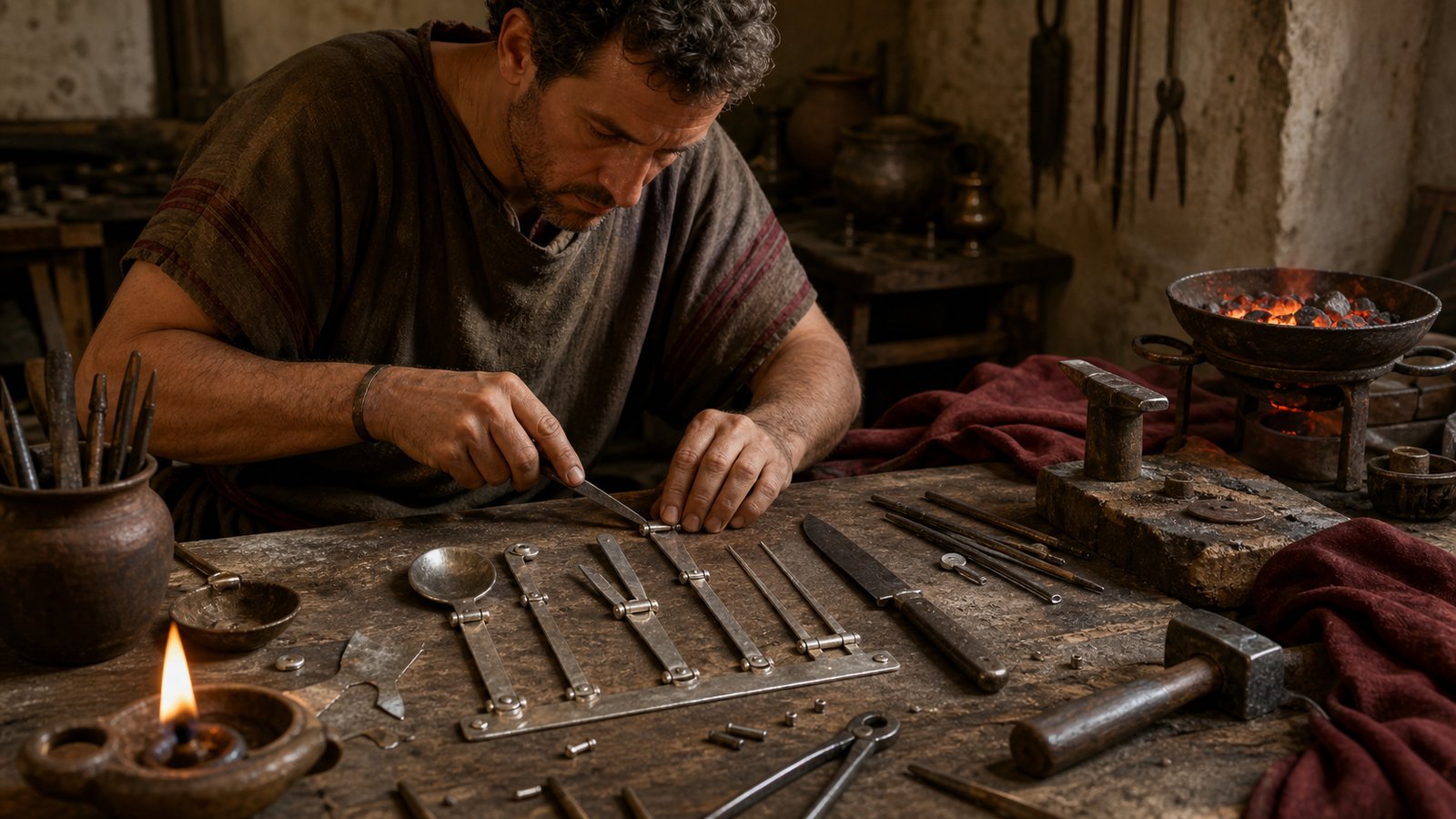 Close view of a craftsperson assembling hinges and rivets on a Roman silver compound utensil, with the separate iron knife blade aligned beside the folding body.