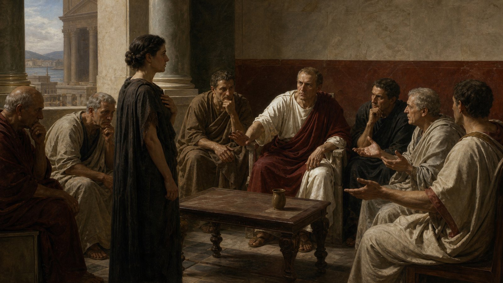 In a Roman provincial hearing at Smyrna, a grave woman in plain dark robes stands before proconsul Dolabella and a divided council; an unopened clay cup rests as evidence on a low table while advisers hesitate, austere civic interior, no text, emblems, violence or modern objects.