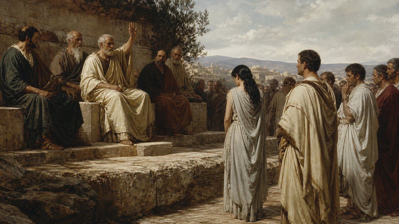 At the ancient Athenian Areopagus, robed judges sit on worn stone benches as the Roman provincial delegation and the accused woman wait below; the composition emphasizes referral, distance and suspended judgment rather than punishment, no text, letters, emblems or modern objects.