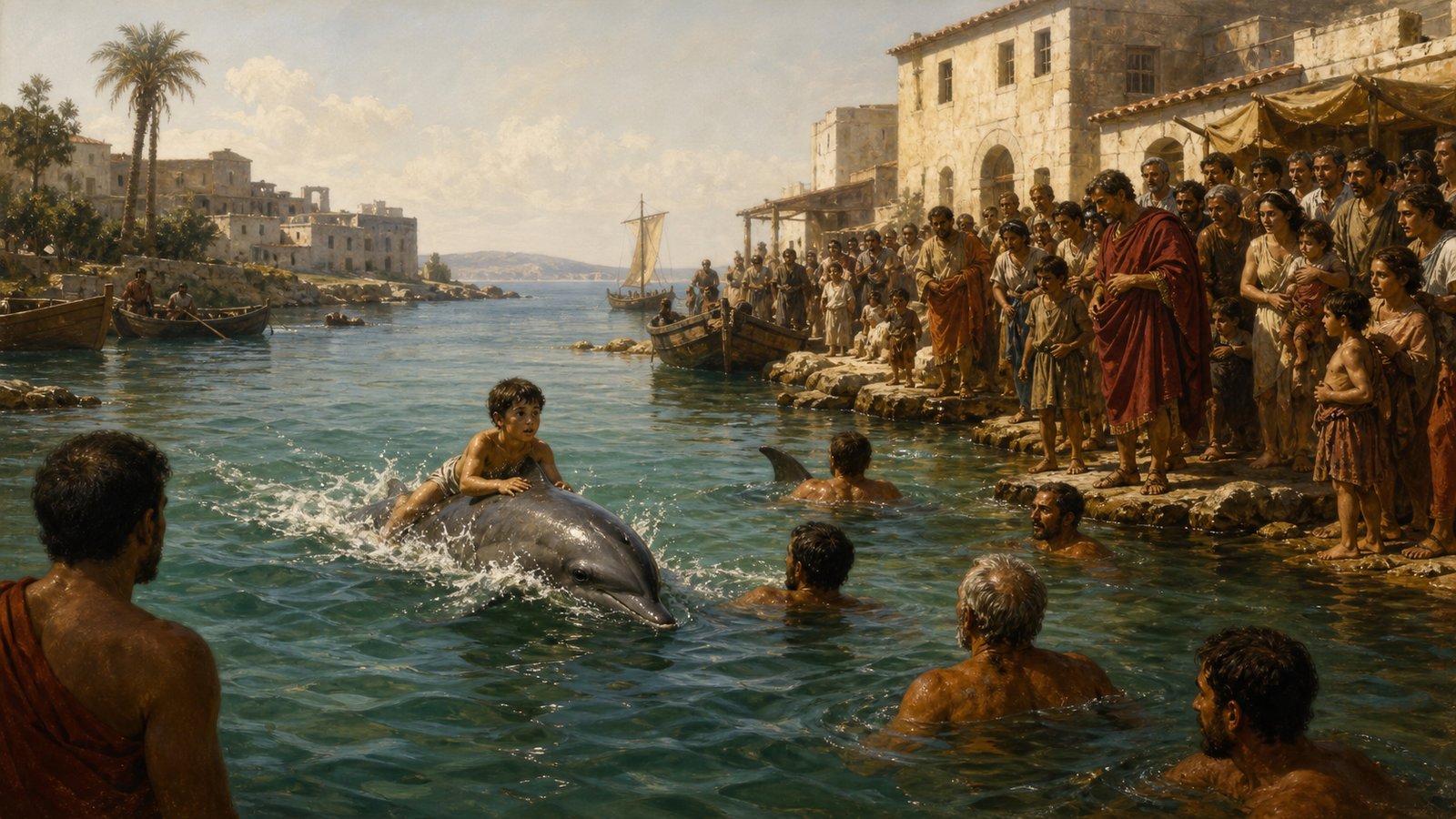 In Hippo’s tidal lagoon, a frightened boy is carried toward shore by a dolphin while swimmers and townspeople begin to gather.