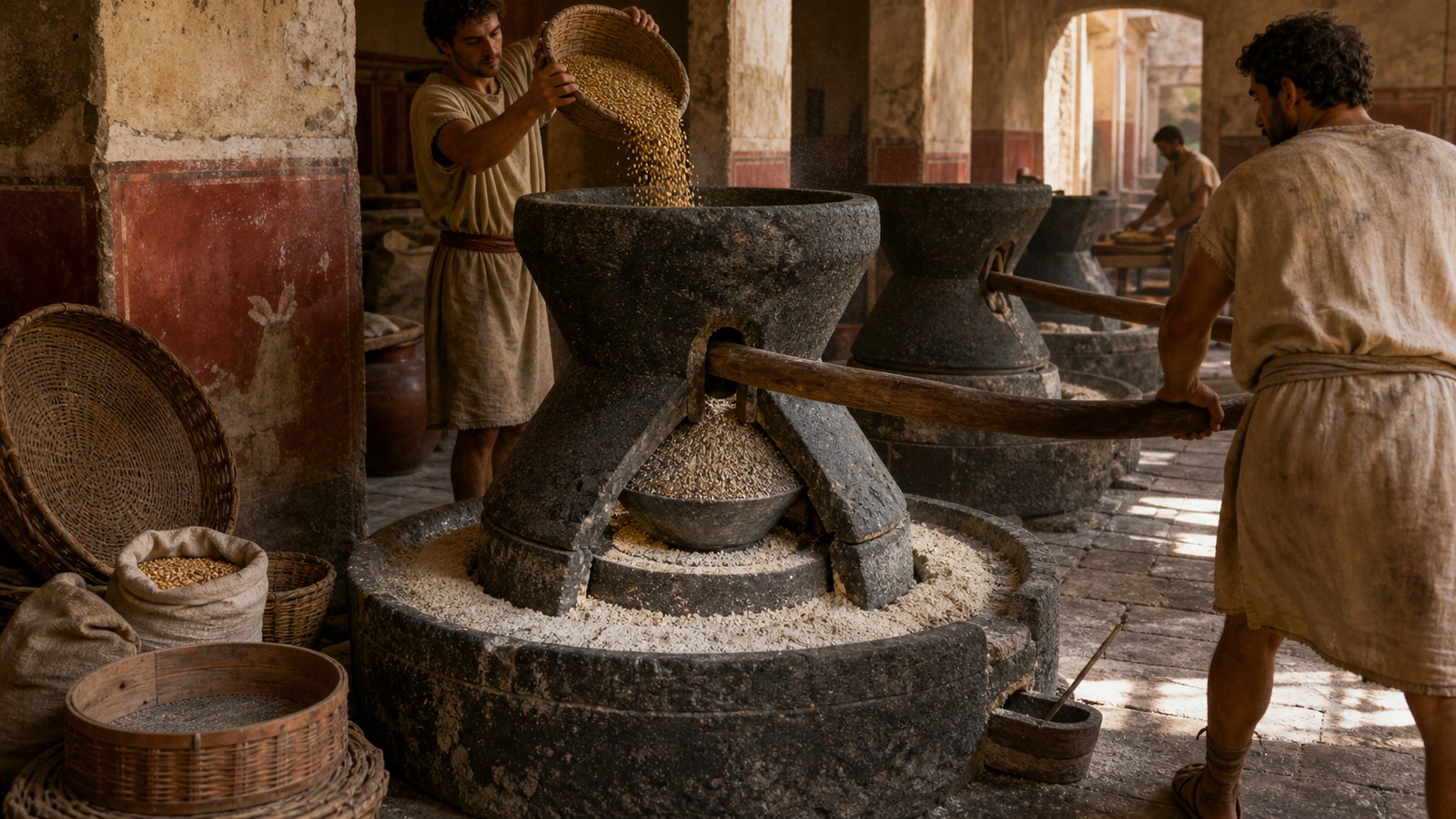 A generic Pompeian bakery interior with paired volcanic-stone meta and catillus mills, a wooden turning beam, sacks of grain and flour collection at the base.