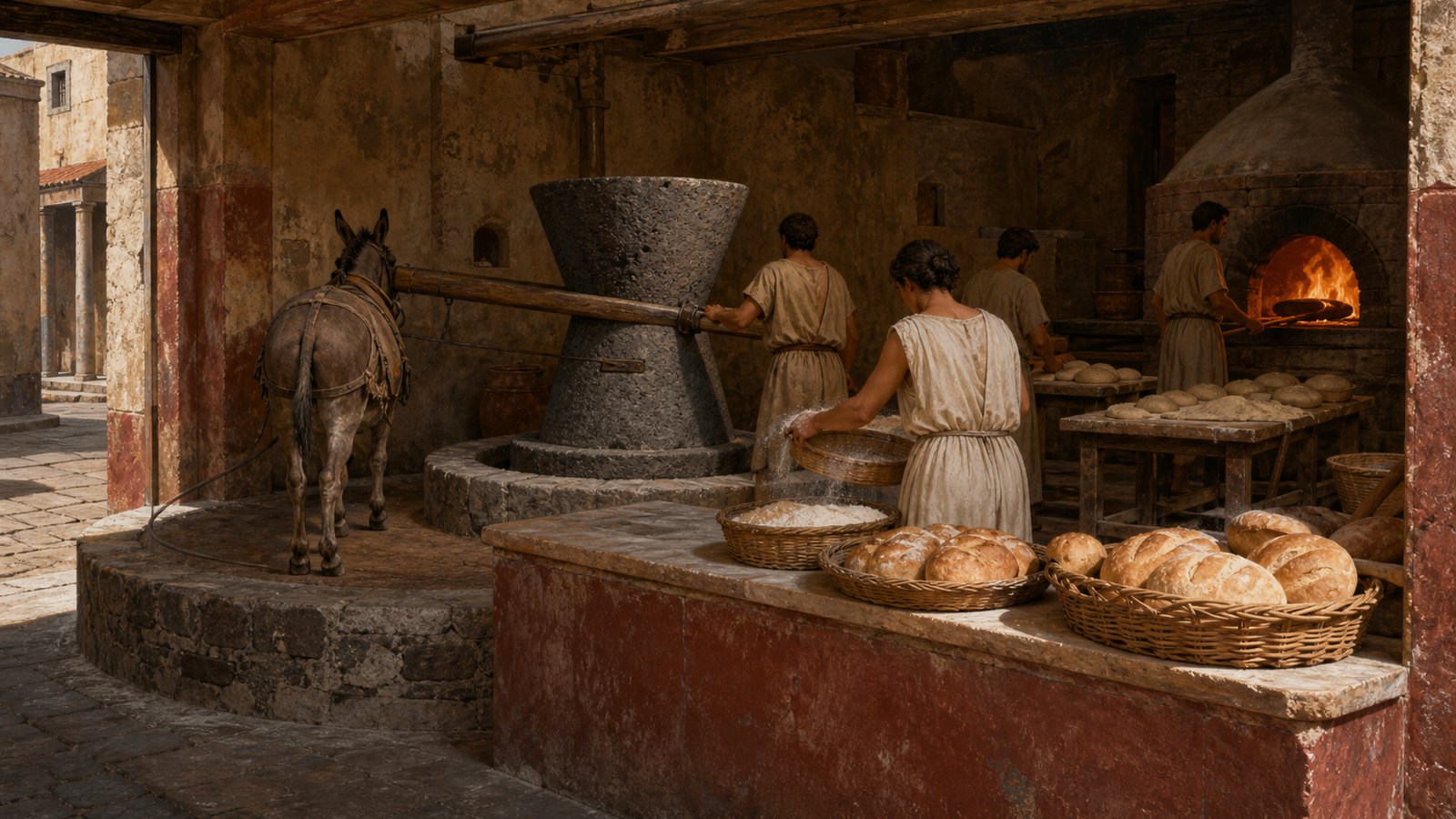 A donkey walks the circular mill path behind a Pompeian bread shop while workers sift flour and tend a masonry oven.