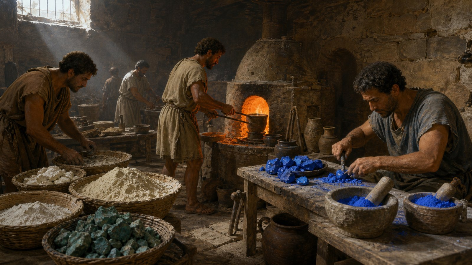 Egyptian blue production required raw mineral ingredients to react under heat before the blue frit could be broken and ground into pigment.
