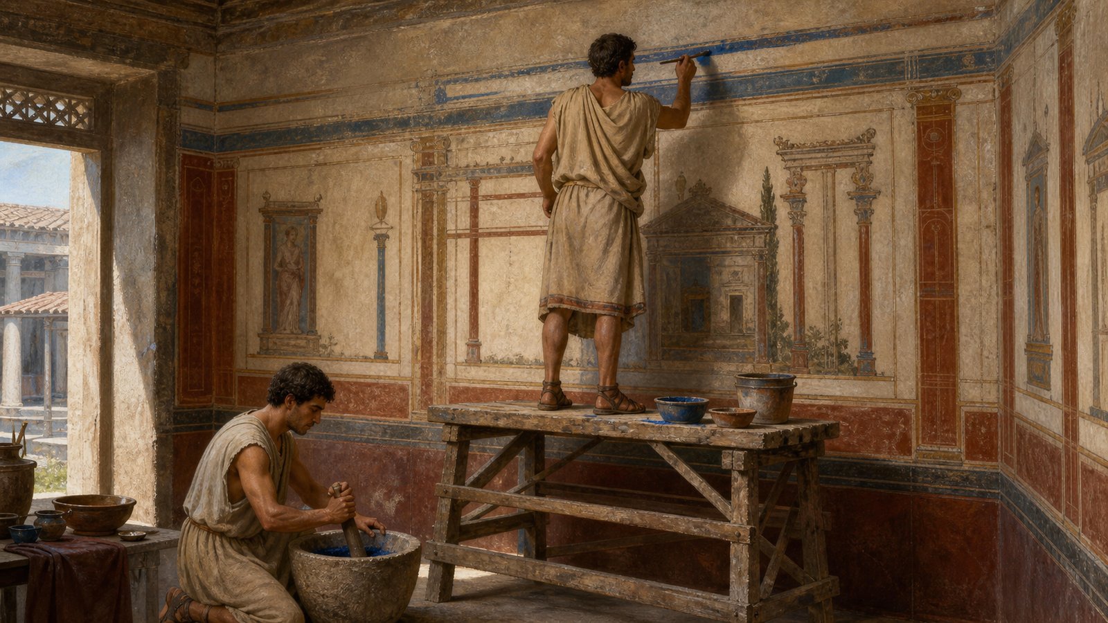 Roman painters could use Egyptian blue in borders, mixtures and shadows, leaving particles that modern near-infrared imaging can map after visible colour changes.