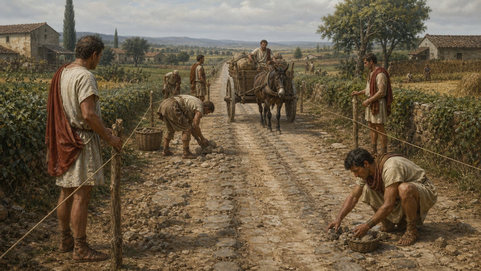On a straight rural Roman road, surveyors stretch a measuring cord between boundary stakes while an eight-foot corridor is cleared of loose stone for a laden two-wheeled cart.