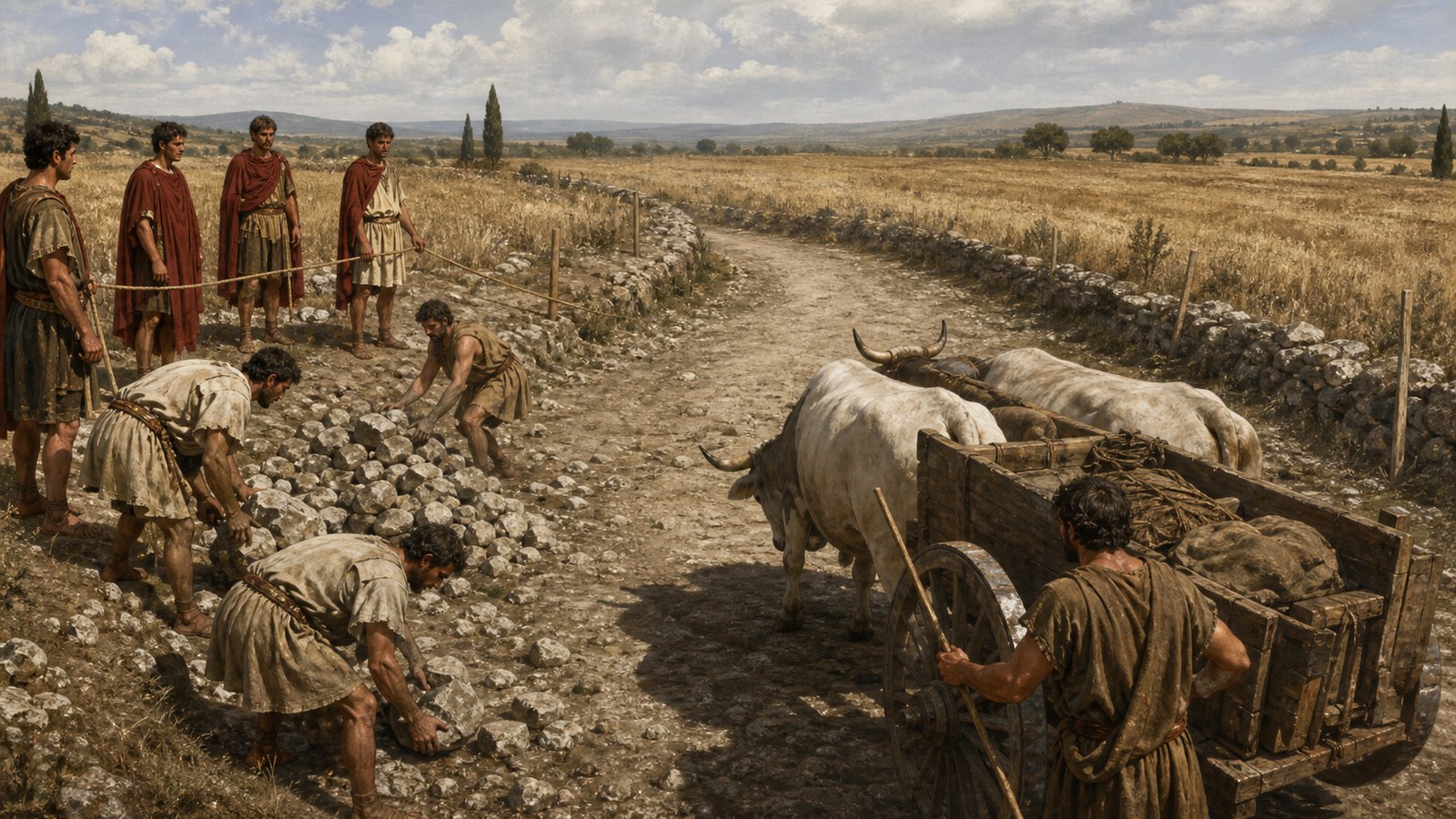 At a tight bend between farms, workers double the road’s open width as a cart turns, while an uncleared pile of stones threatens to force traffic onto the adjoining field.