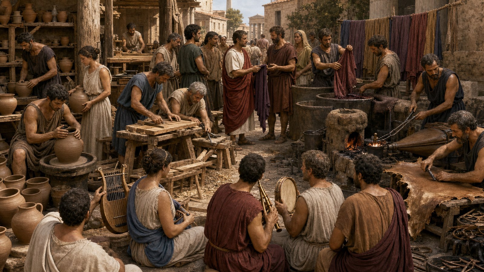A vivid early Roman civic gathering where adult musicians, goldsmiths, carpenters, dyers, leather-workers, curriers, bronze workers and potters mingle in one forum while displaying plain tools and unfinished goods, people crossing older social clusters through shared work, historically plausible simple architecture and clothing, cinematic realistic oil-painting, vertical 4:5, no text, inscriptions, emblems, modern objects, or watermark.